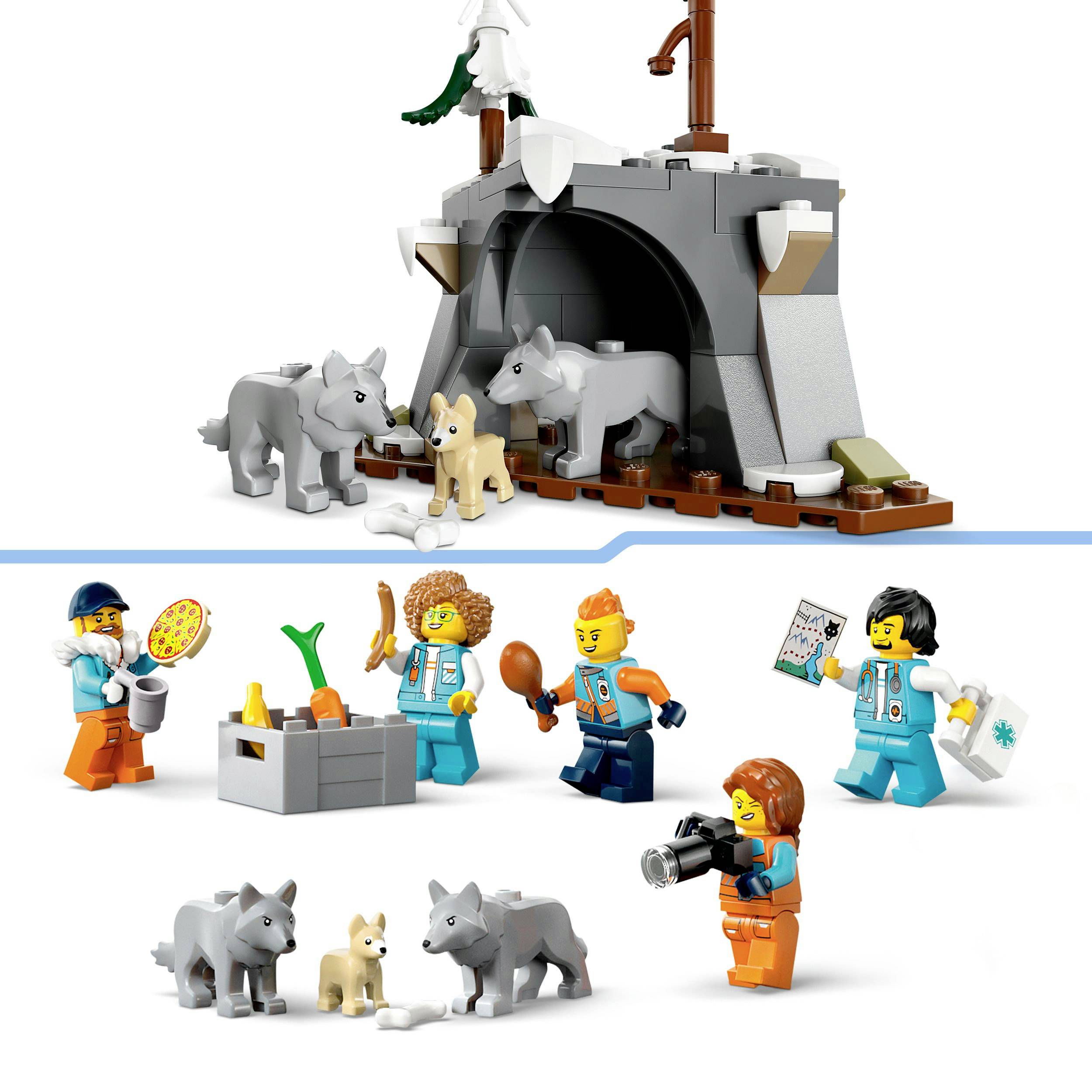 Lego stavebnice: Figurky v zimním oblečení s fotoaparátem a mapou; tři zvířata před jeskyní. Nahoře: Zimní krajina s jeskyní a zvířaty.