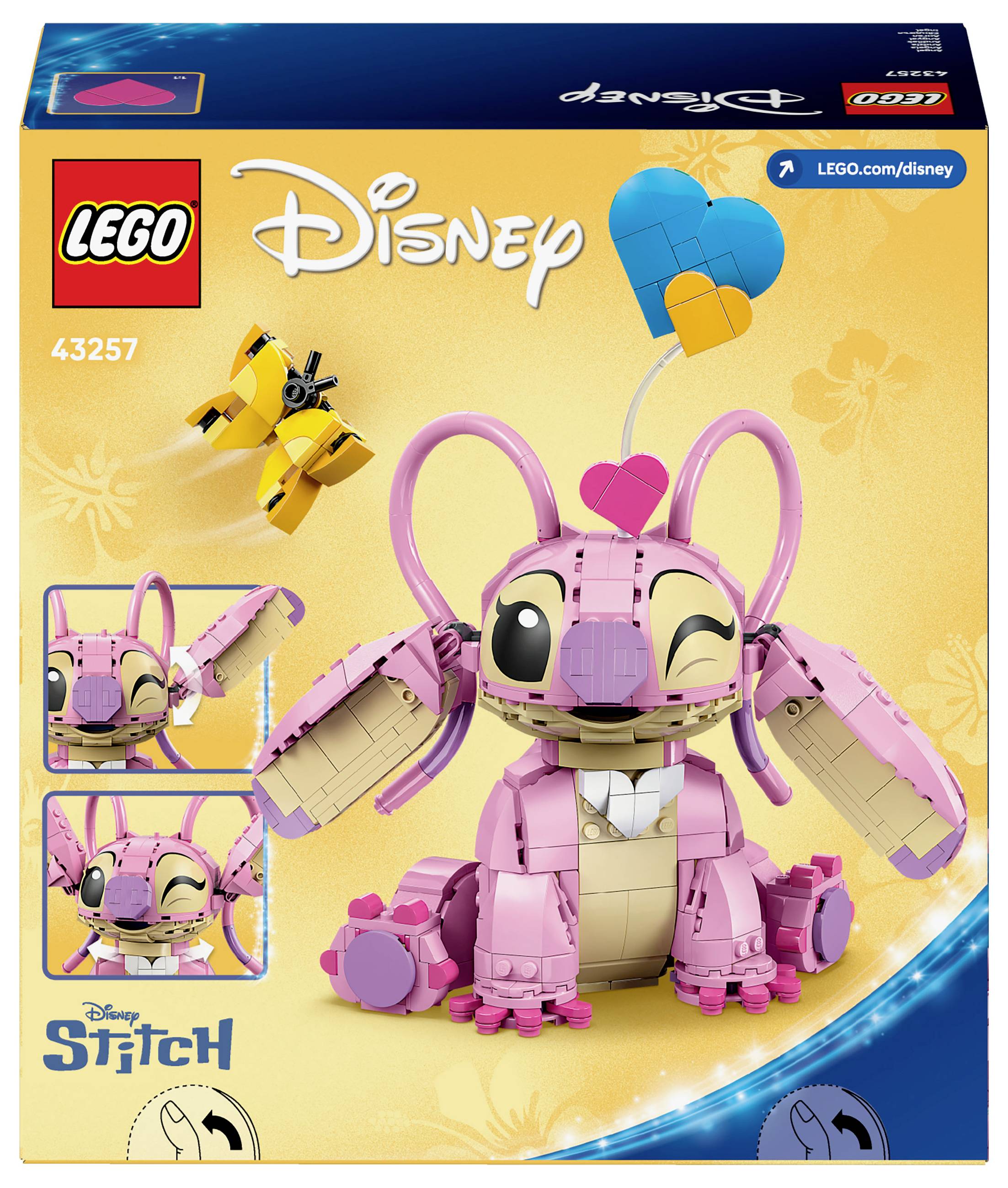 LEGO stavebnice s růžovou postavičkou podobnou myši s balónkem ve tvaru srdce a žlutým motýlem. Zobrazena značka Disney.
