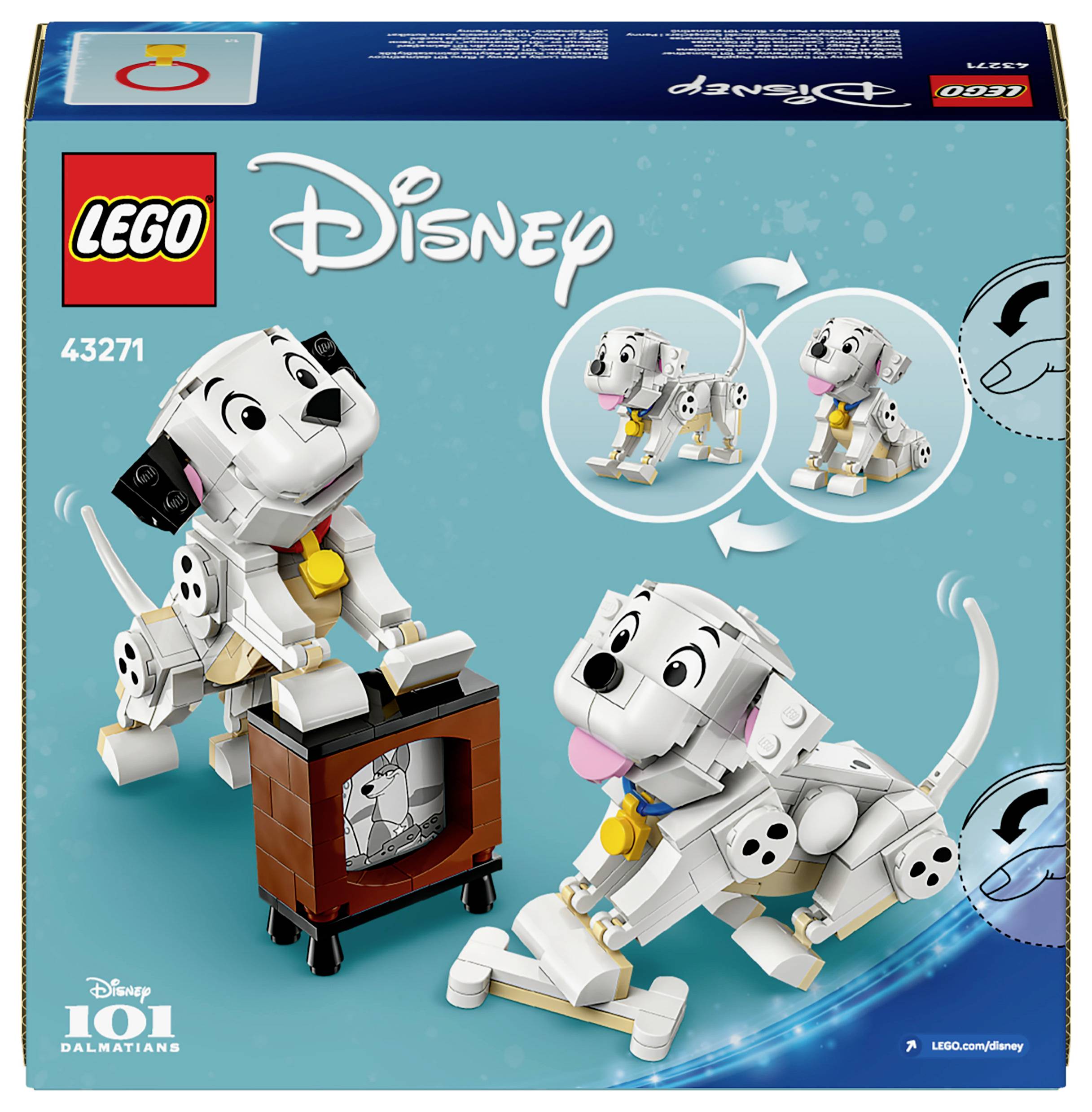 LEGO stavebnice s Disney licencí '101 dalmatinů': Dvě dalmatinská štěňata jako stavební figurky na modrém pozadí s logem LEGO.