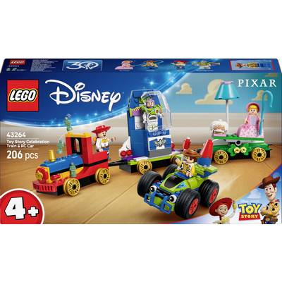 LEGO Toy Story Set 43264, 'Toy Story Celebration Train RC Car', vhodné pro děti od 4 let. Obsahuje 206 dílků, zobrazuje Woodyho, Buzze Lightyeara a Bo Peep.