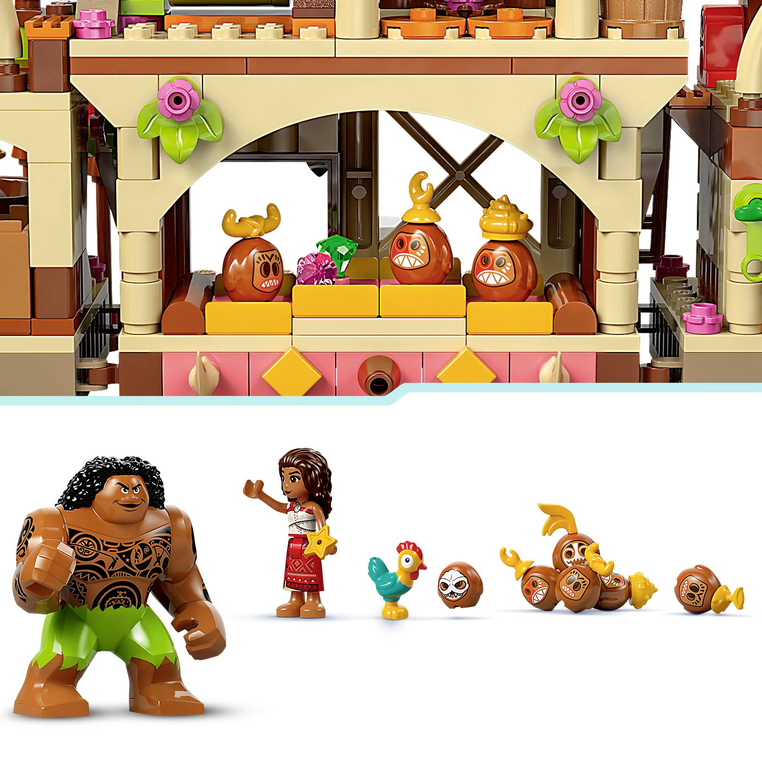 Barevné Lego figurky a budova inspirovaná tropickým tématem s postavami v tradičním oblečení a doplňcích.