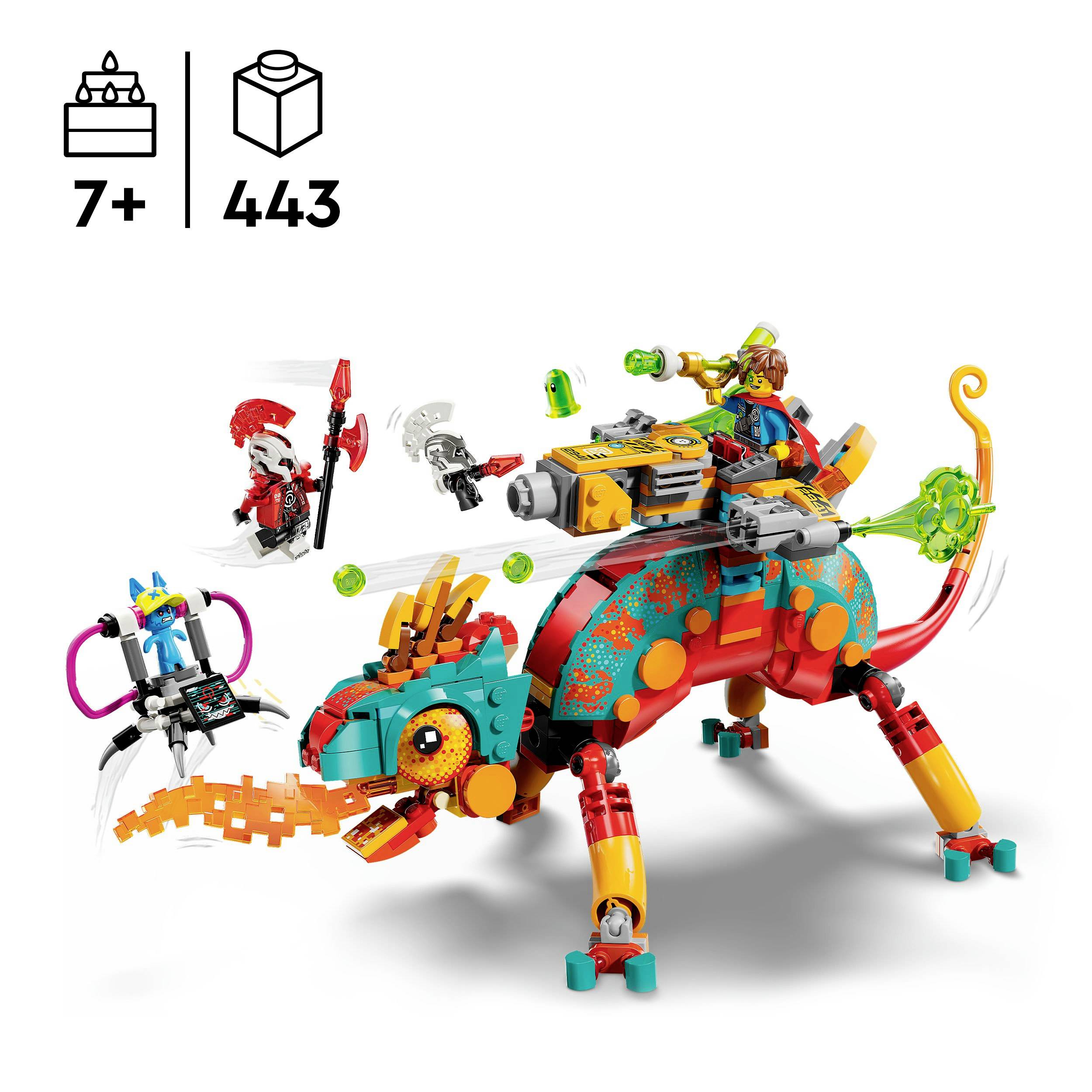 Stavební soutěžní set s barevnou drakovitou Lego figurkou, kterou lemují dvě akční herní figurky. Set od 7 let.