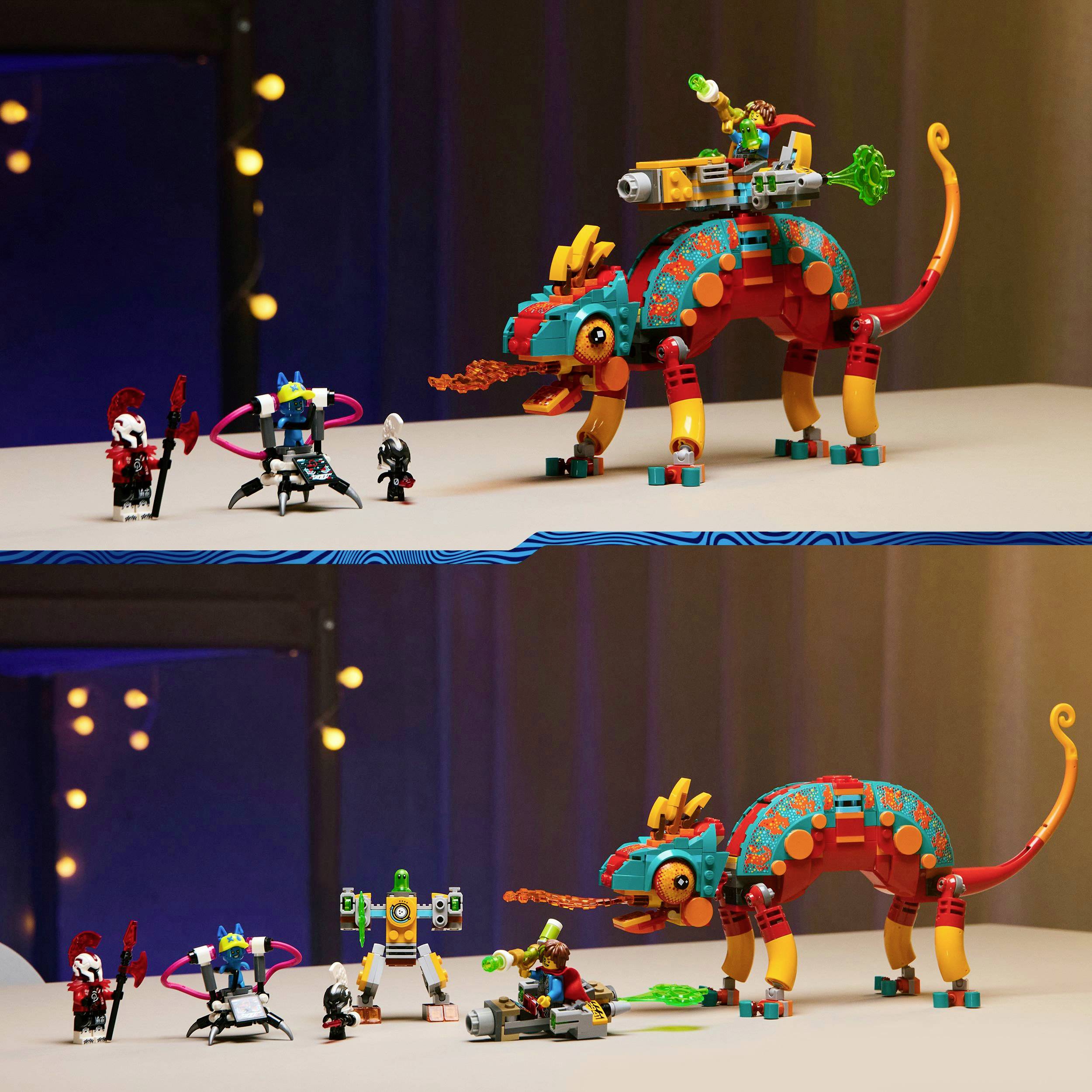 Vícebarevný, mechanický dinosaurus a různé miniaturní robotické figurky stojí na stole v osvětlené místnosti.