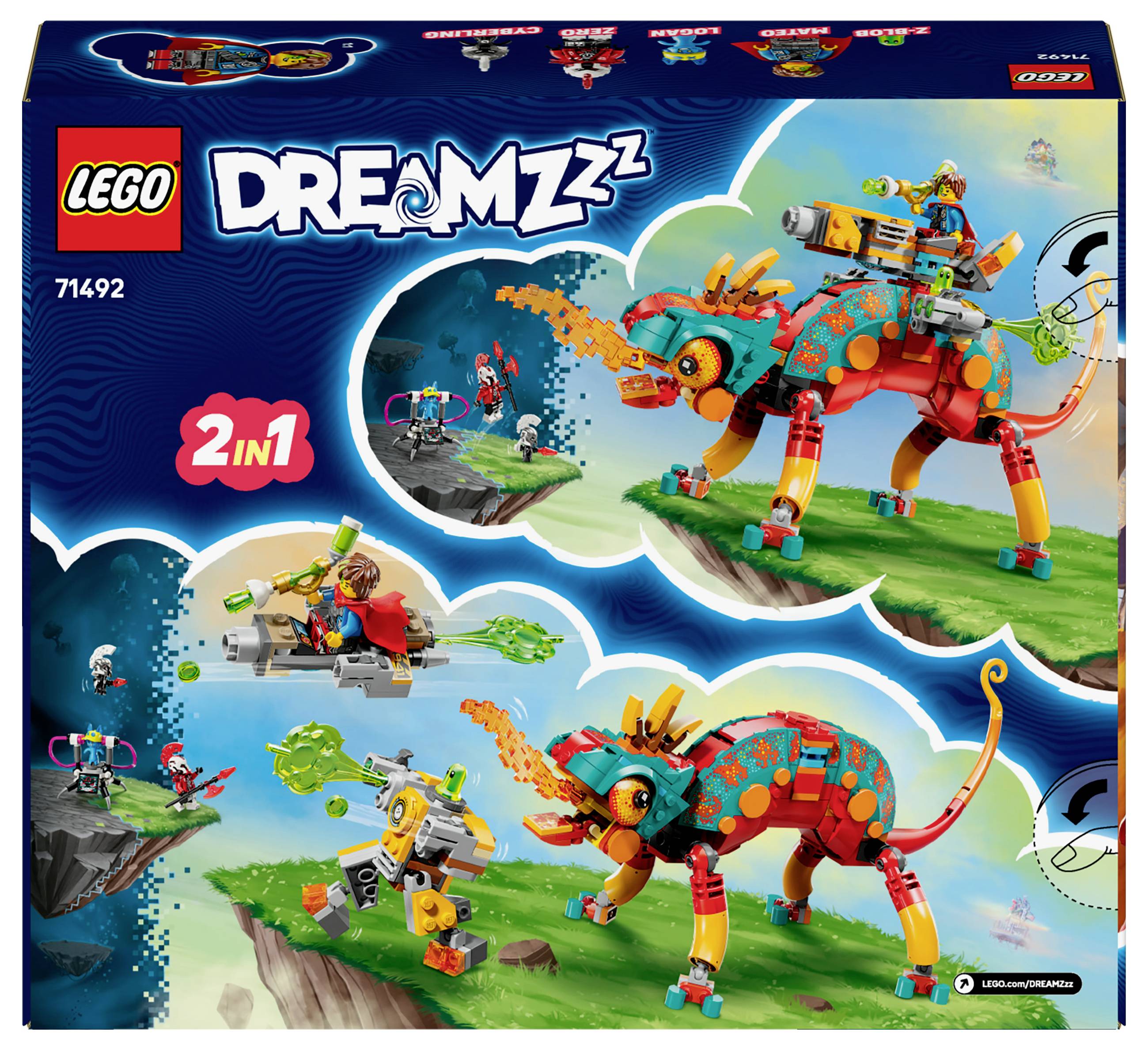 LEGO DREAMZzz sada obsahuje postavitelného draka a dvě minifigurky. Drak je barevný s plameny a lagunou v pozadí.