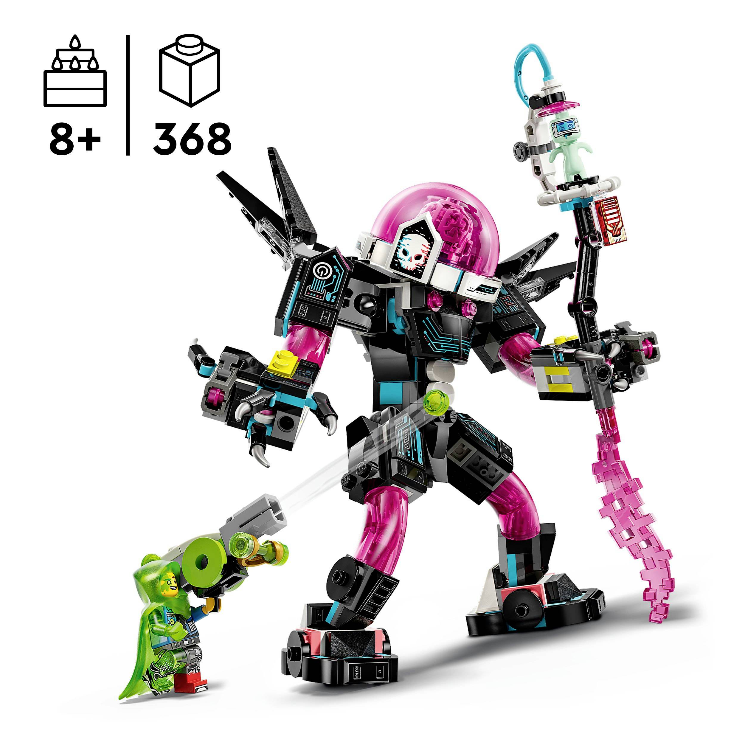 Barevný hračkářský robot se 368 díly. Určeno pro děti od 8 let. Dvě figurky: velký robot a malá postava s pláštěm a helmou.