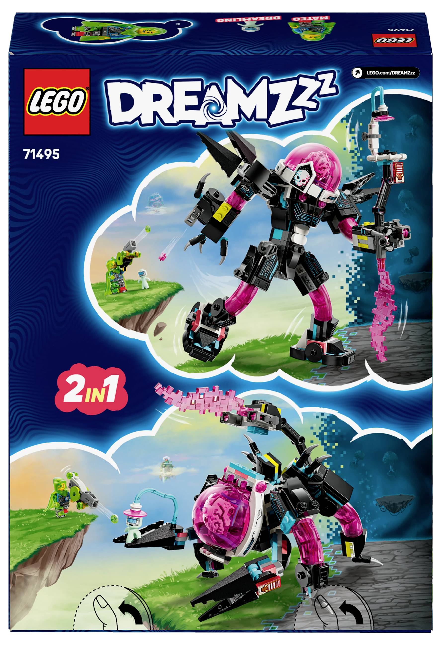 Obal ukazuje LEGO stavebnici ze série 'DREAMZzz', která představuje proměnlivého robota s růžovými a černými díly. Nahoře je vidět robot, dole alternativní varianta s jinými funkcemi. Děti si hrají ve světě snů.