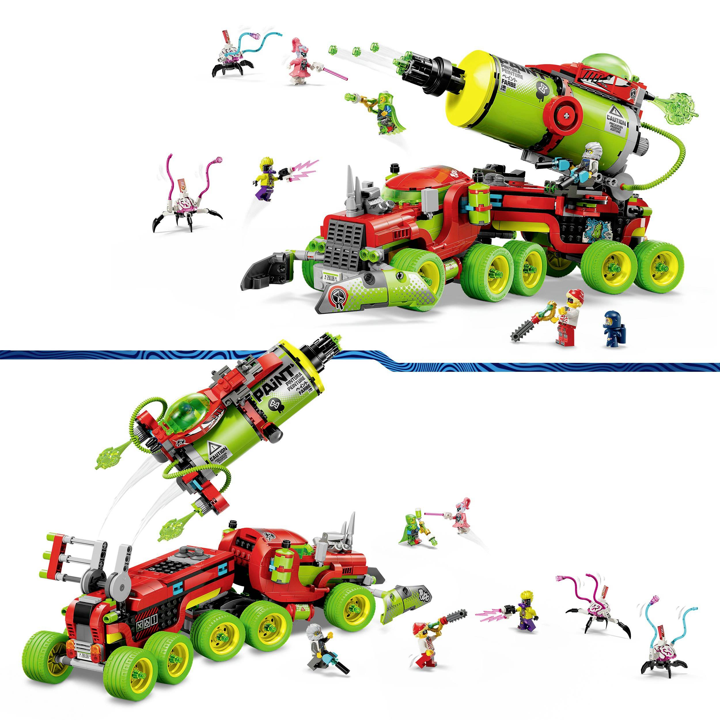 Lego vesmírná sada ukazuje velké, futuristické vozidlo s vědci a různobarevnými mimozemskými figurkami.