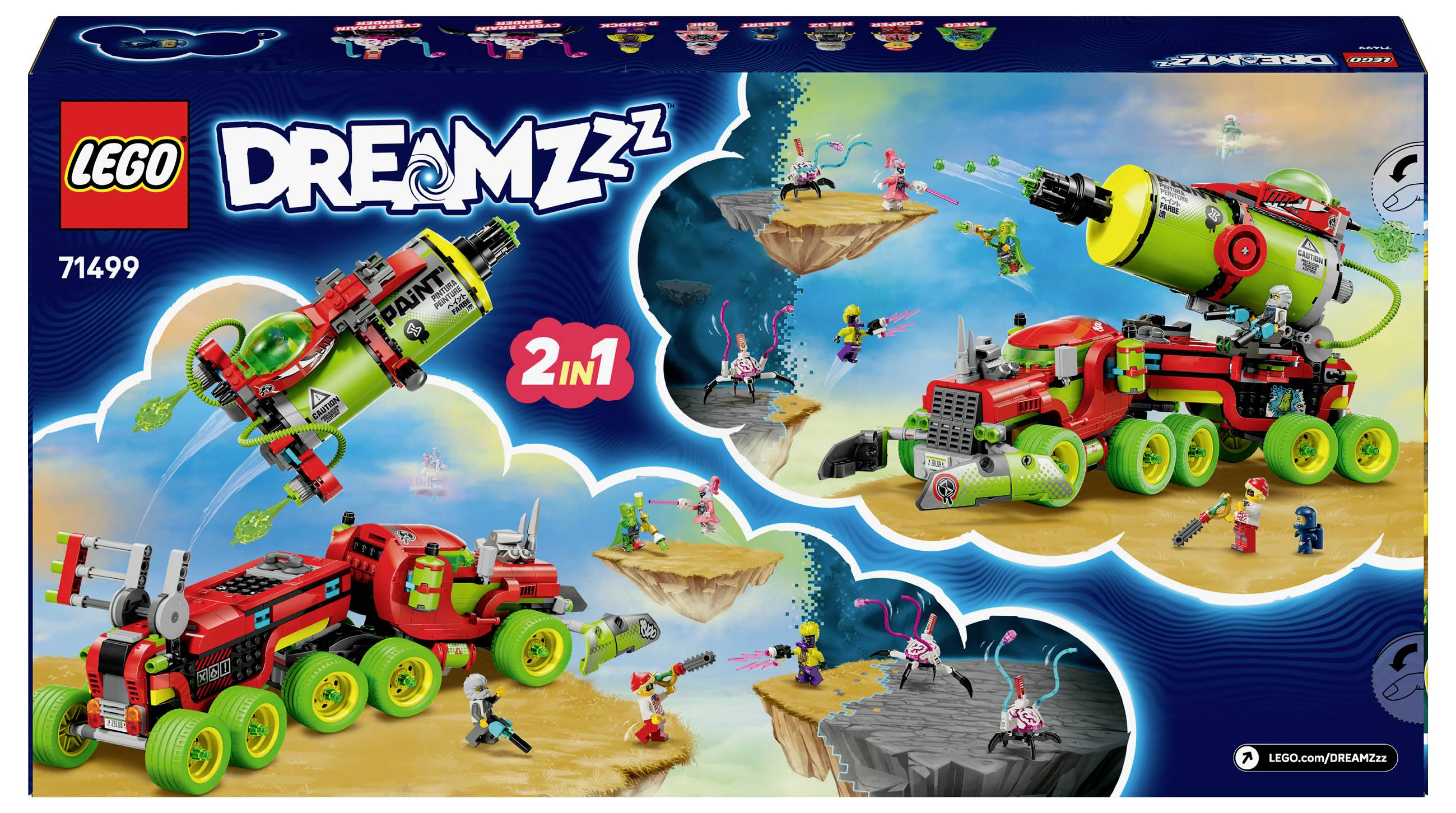 'Lego Dreamzzz Set 71499: Dvě vozidla s raketami a figurkami na vznášejících se ostrovech zobrazená v barevné herní scenérii.'