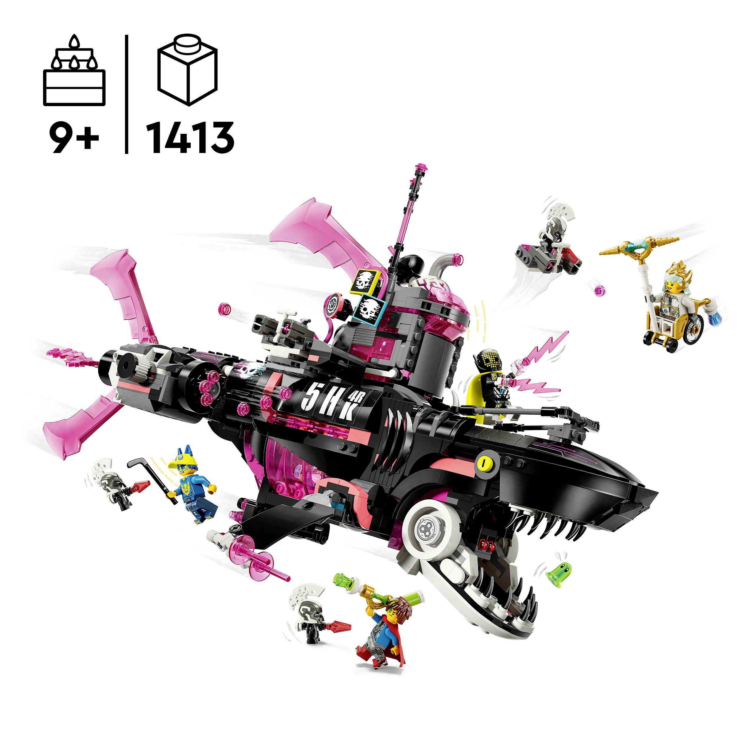 LEGO sada pro děti od 9 let, skládající se z 1413 dílků, zobrazuje velkou černorůžovou ponorku podobnou žralokovi s figurkami.