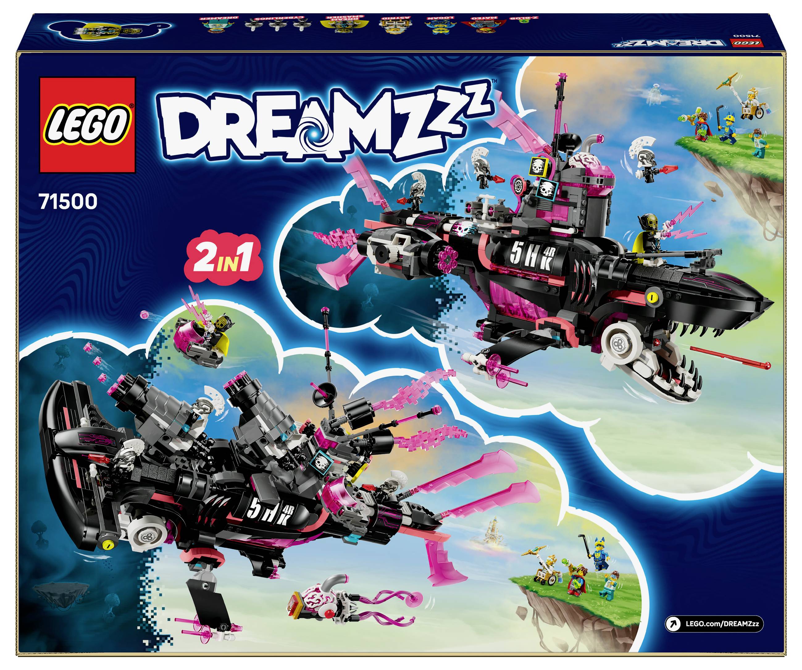 LEGO DREAMZzz Set 71500: Stavebnice s tématem vesmírného dobrodružství, zobrazuje dva kombinovatelné modely vesmírných lodí v barevné fantazijní krajině.
