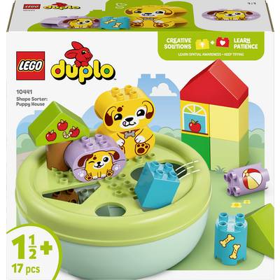 Balení hračky s LEGO Duplo. Ukazuje barevné stavební kostky a tvary se zvířecími motivy. Podporuje kreativitu a prostorové myšlení.