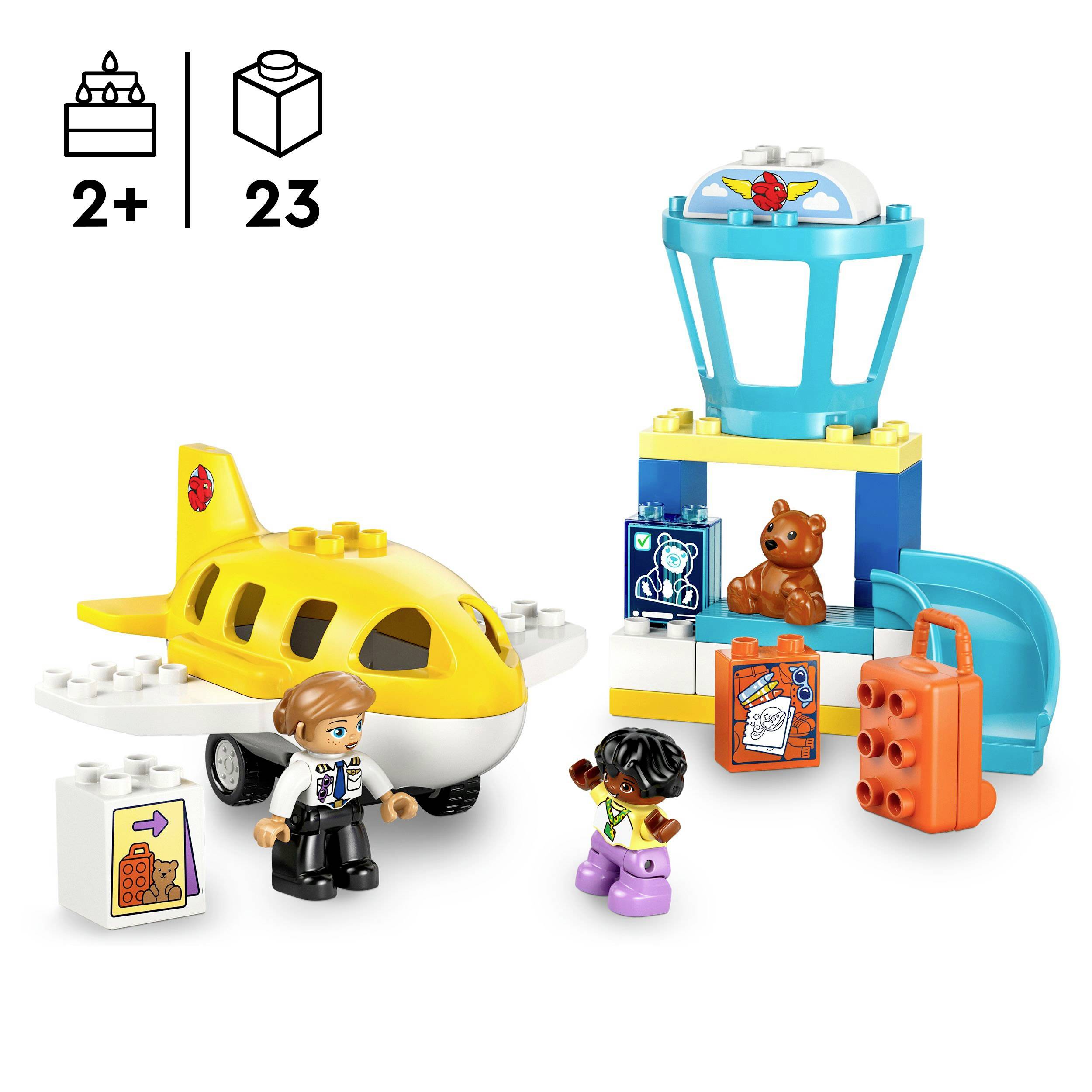 LEGO DUPLO sada se žlutým hračkářským letadlem, budovou věže a dvěma figurkami. Vhodné pro děti od 2 let.