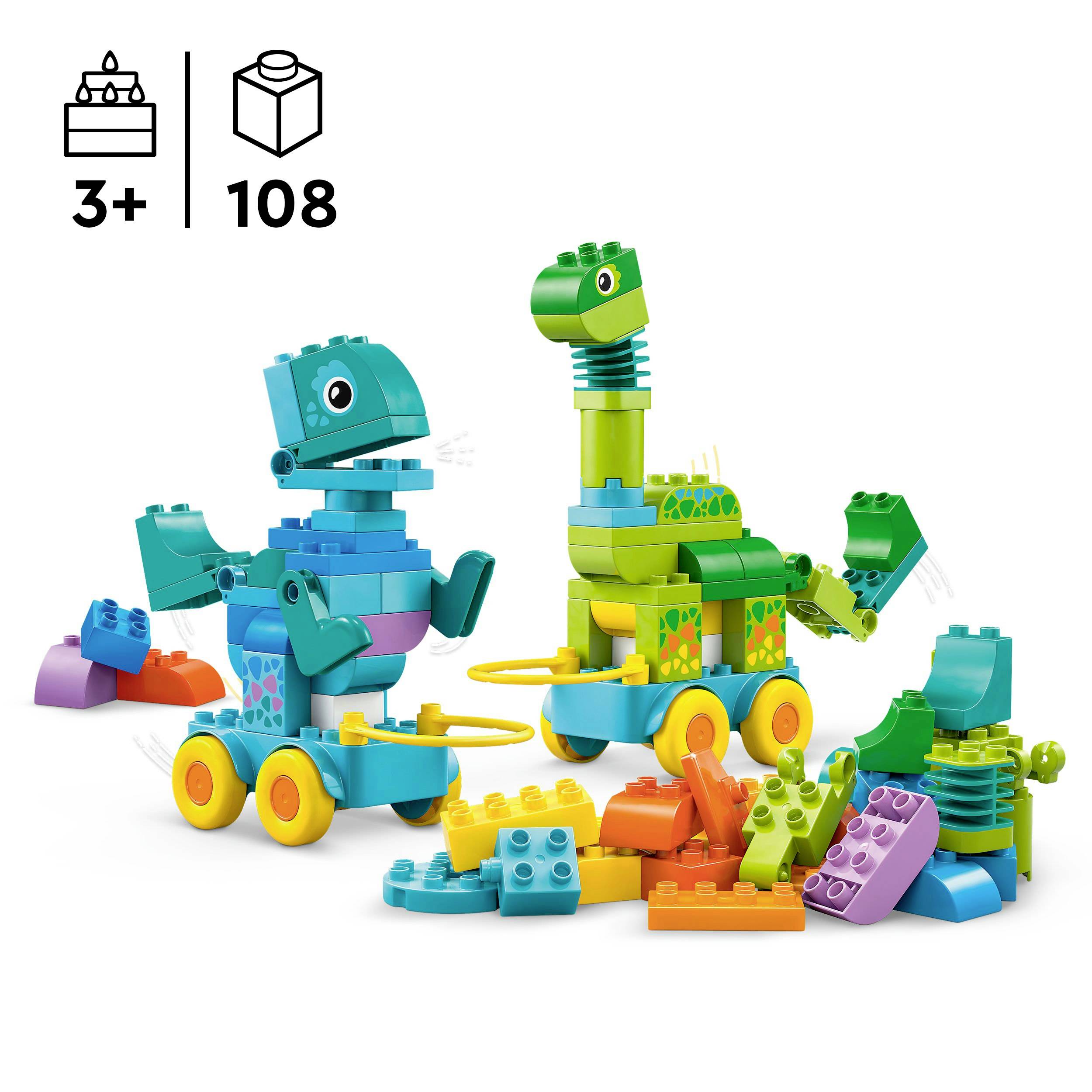 Barevné LEGO kostky s příklady staveb dinosaurů, vhodné pro děti od 3 let. Obsahuje 108 dílků pro kreativní stavění.