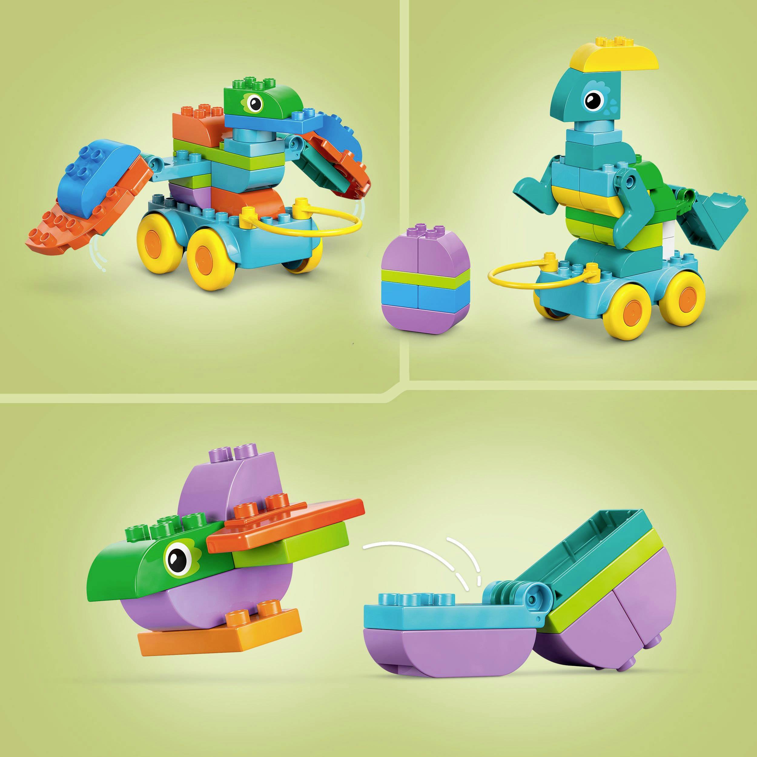 Tři barevné stavebnice Lego ve tvaru zvířat na světle zeleném pozadí, každá s kolečky a vtipnými detaily.