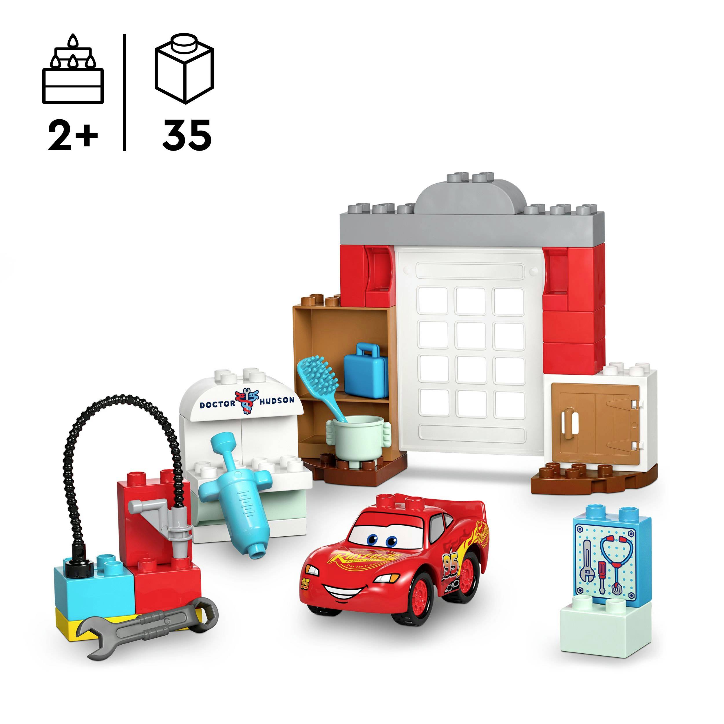 LEGO stavebnice s motivem 'Auta': Blesk McQueen a dílenské příslušenství. 35 dílků, doporučeno od 2 let.