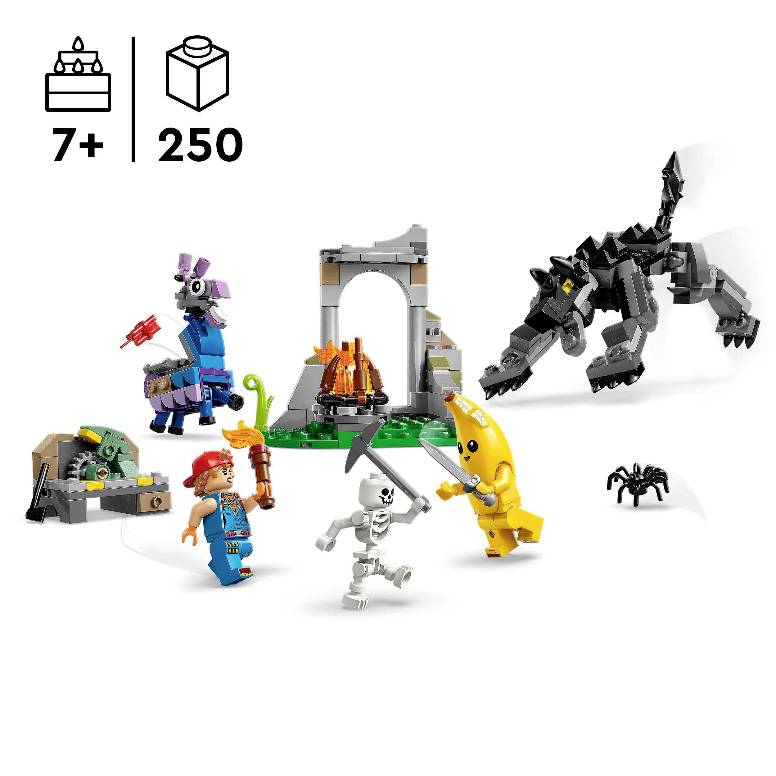 LEGO sada s různými figurkami: kostra s krumpáčem, vlk, pavouk, stavby a kovboj s kopím. Od 7 let; 250 dílků.