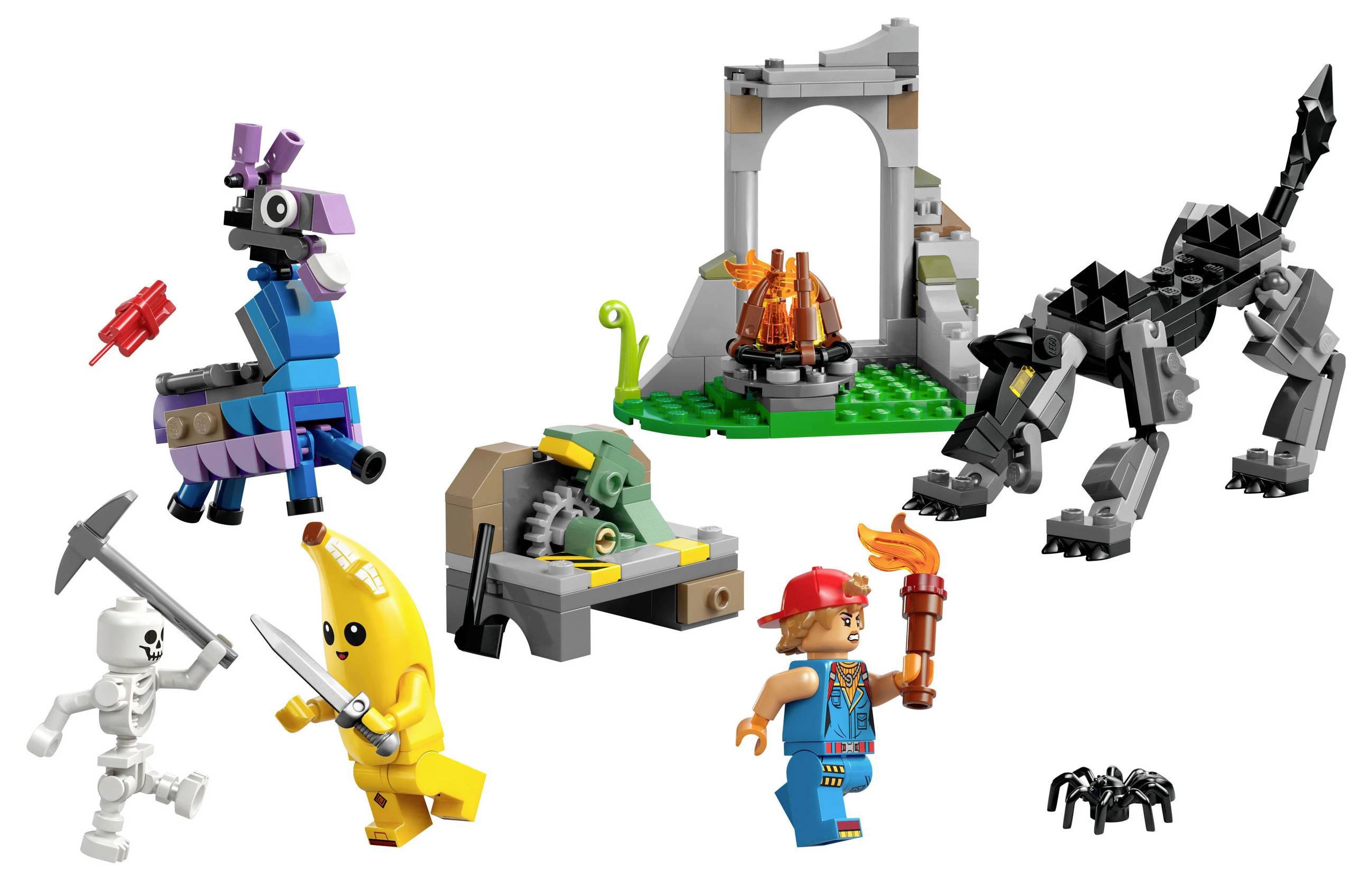 Barevná Lego scéna s figurkami: kostra s krumpáčem, banánová figurka, člověk s pochodní, dinosaurus, figurka lamy a sada táborového ohně.