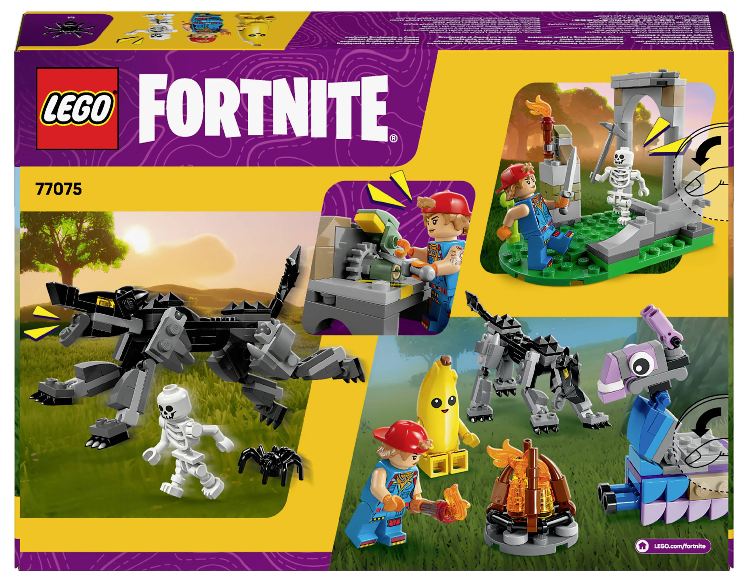 'LEGO Fortnite Set 77075' ukazuje herní figurky a modely. Scény s figurkou Black Knight, herní figurkou s čepicí a dalšími doplňky.