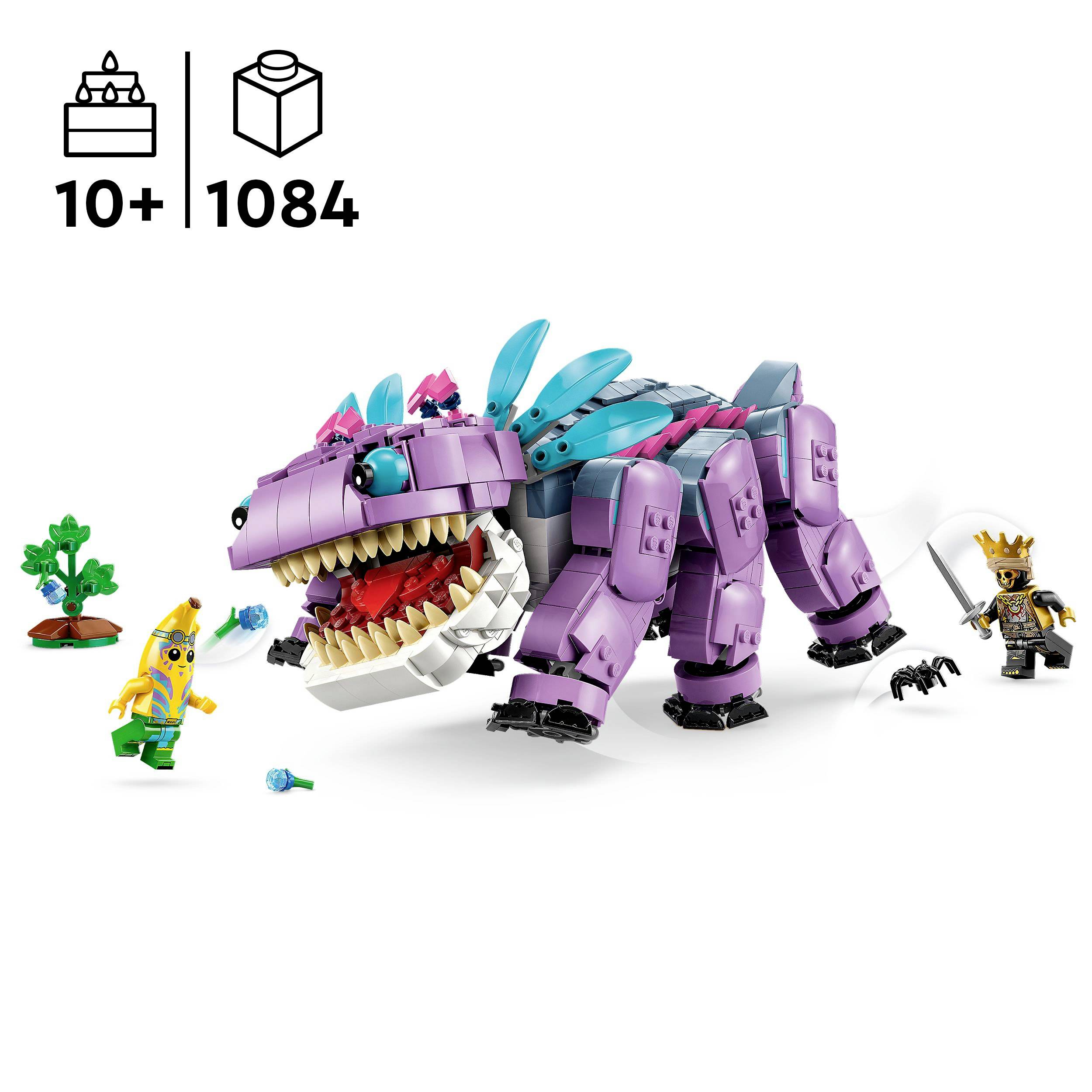 Fialový LEGO dinosaurus s barevnými hroty a pohyblivou hlavou. Vedle něj žlutá minifigurka v banánovém kostýmu a válečník s mečem. Od 10 let.