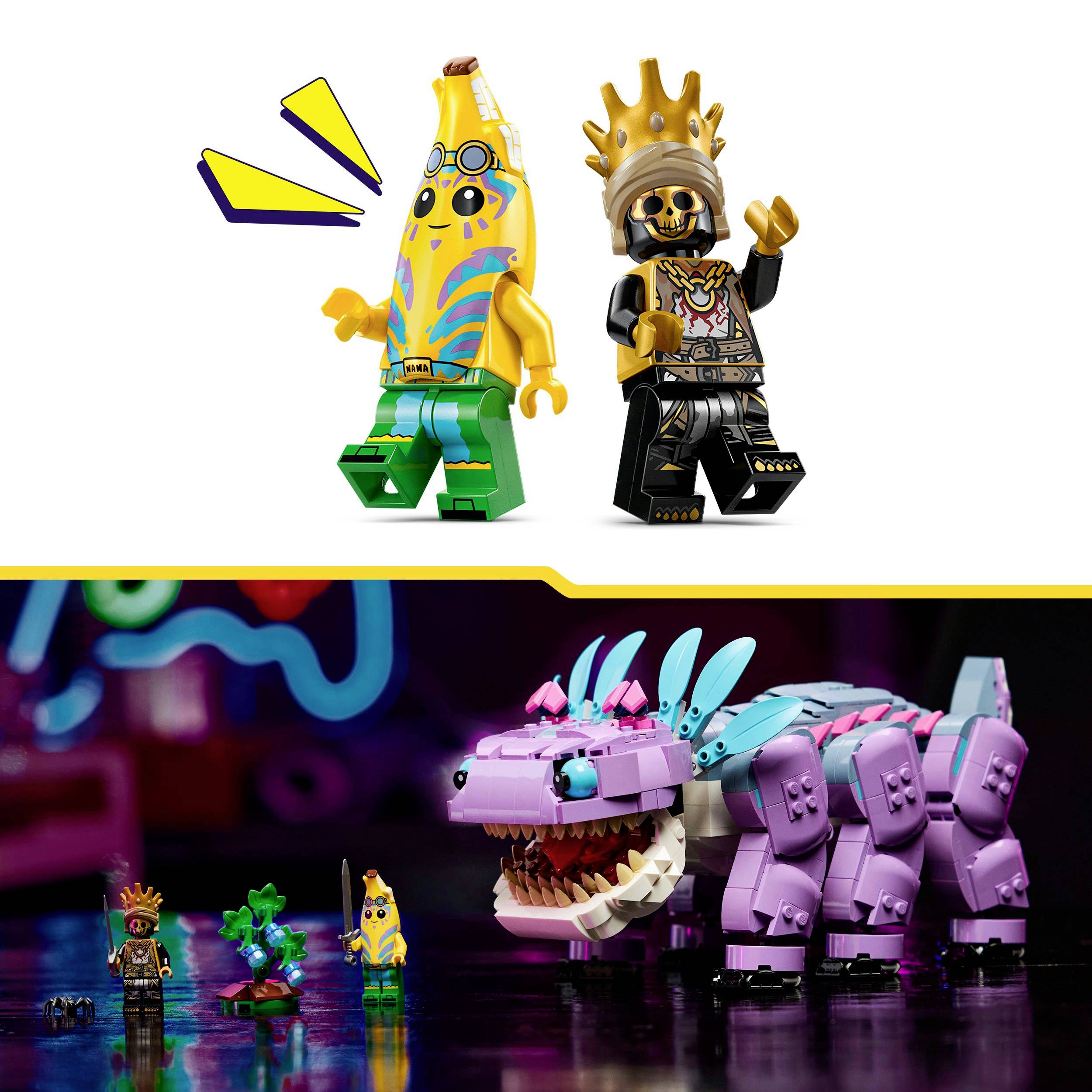 Dvě barevné LEGO mini stavby: banánová figurka s brýlemi a kostra s korunou. Pod nimi růžová dinosauří hračka.