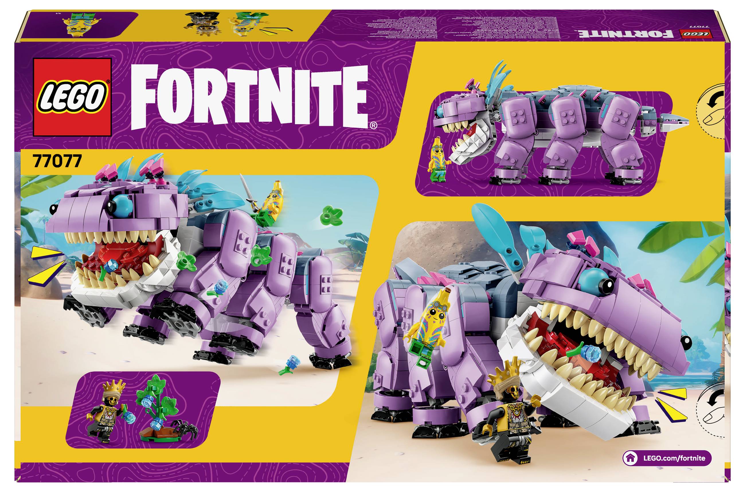 LEGO stavebnice 'Fortnite': Fialový model připomínající dinosaura s figurkami a příslušenstvím ze hry. Krabice ukazuje detaily a herní možnosti.