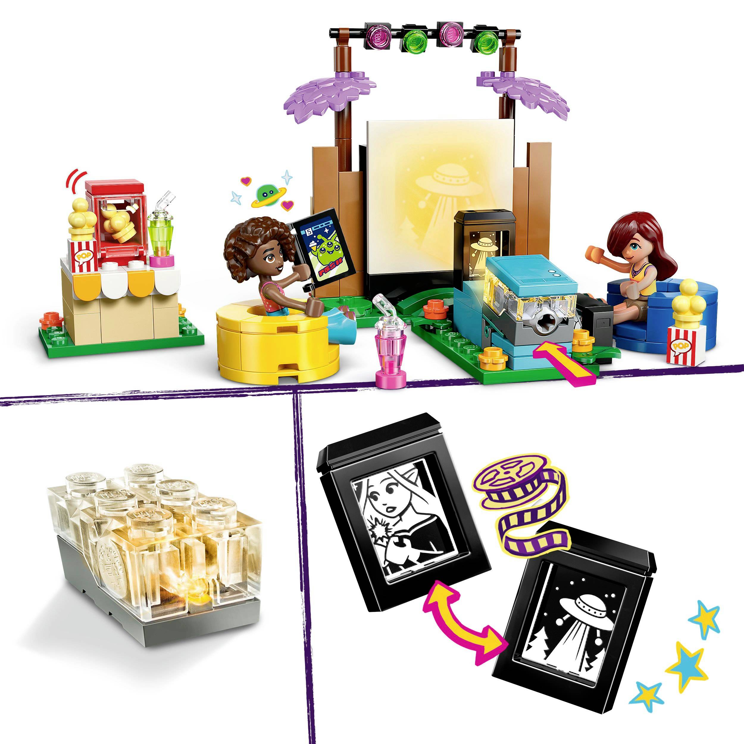 LEGO stavebnice se dvěma figurkami v malém filmovém studiu. Obsahuje stánek s popcornem, kameru a filmové kotouče.