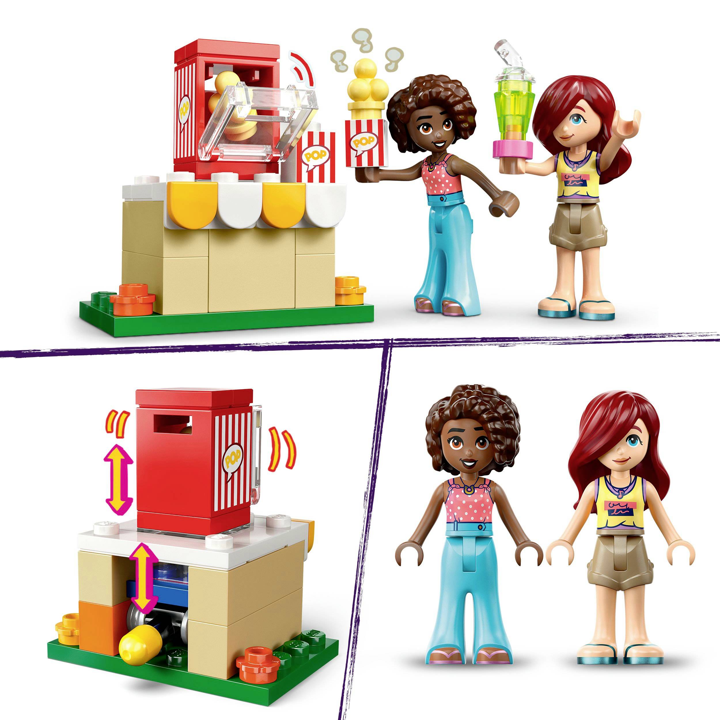 Lego figurky stojí před stánkem s popcornem. Jedna figurka drží popcorn, druhá nápoj. Na spodním obrázku je vidět detail automatu na popcorn.