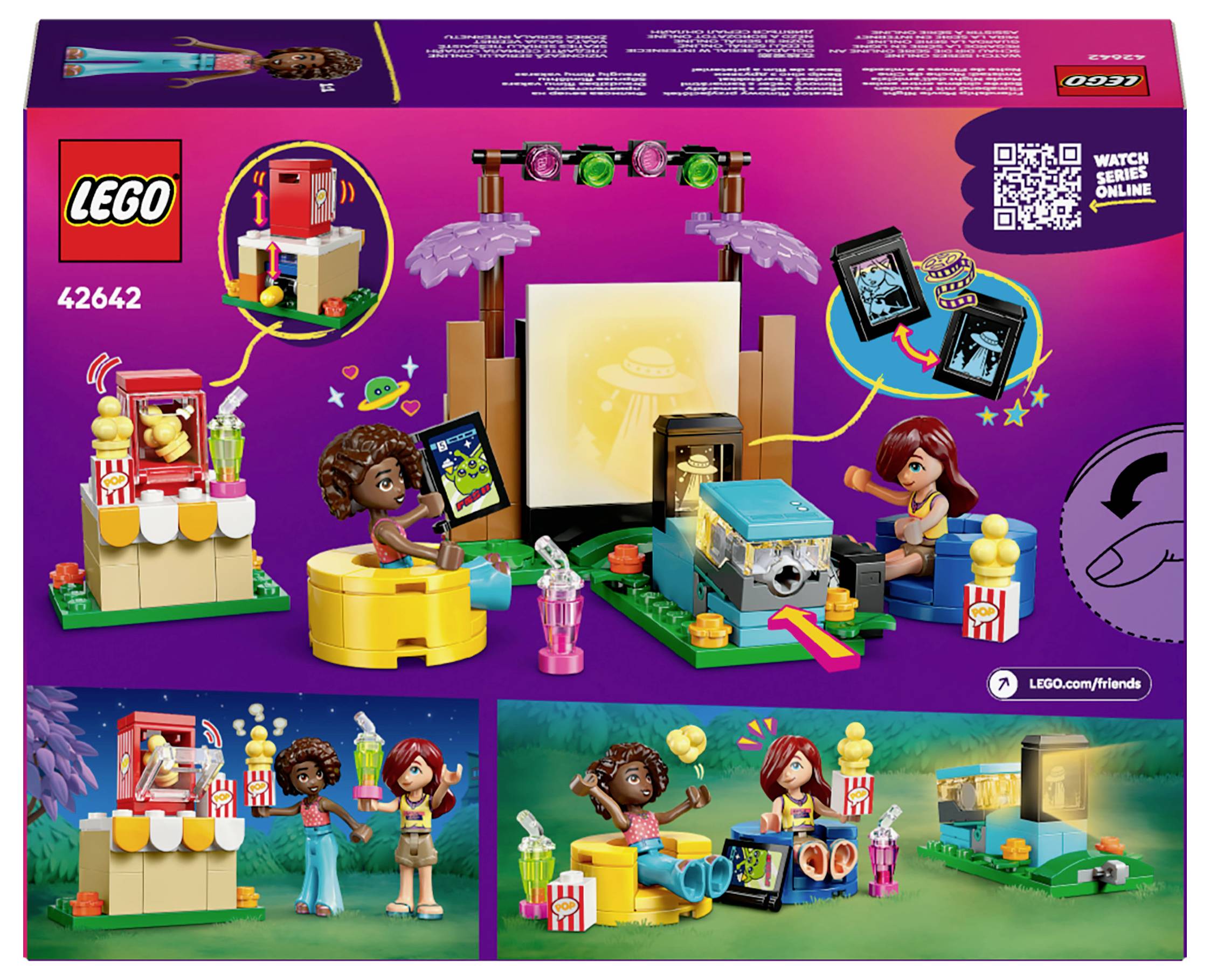 Na obalu LEGO sady jsou dvě figurky, které sledují film pod širým nebem. Obsahuje QR kód pro online návod.