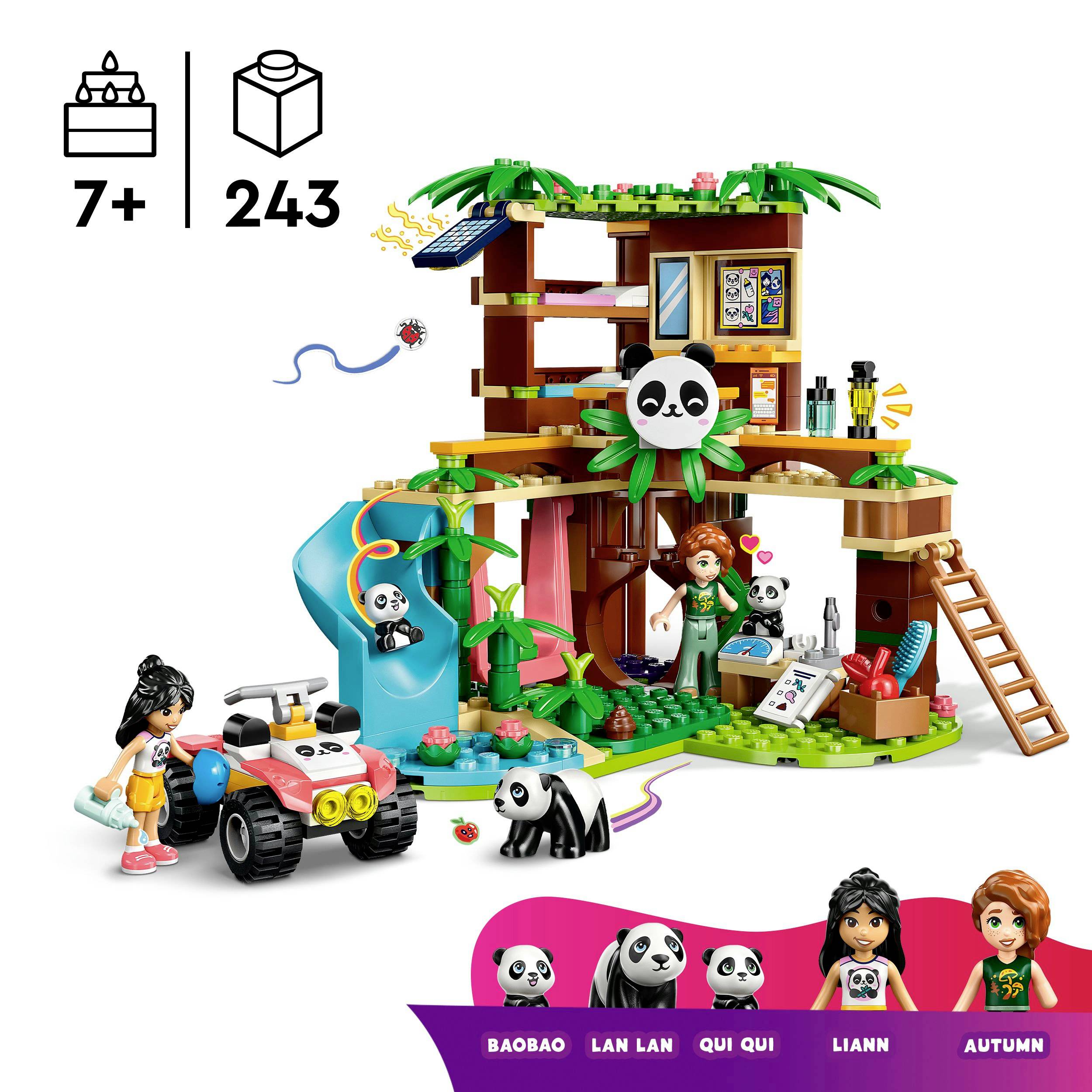 Scéna LEGO stavebnice s domkem na stromě v džungli, pandami a dvěma dětmi. Vhodné pro děti od 7 let, 243 dílků.