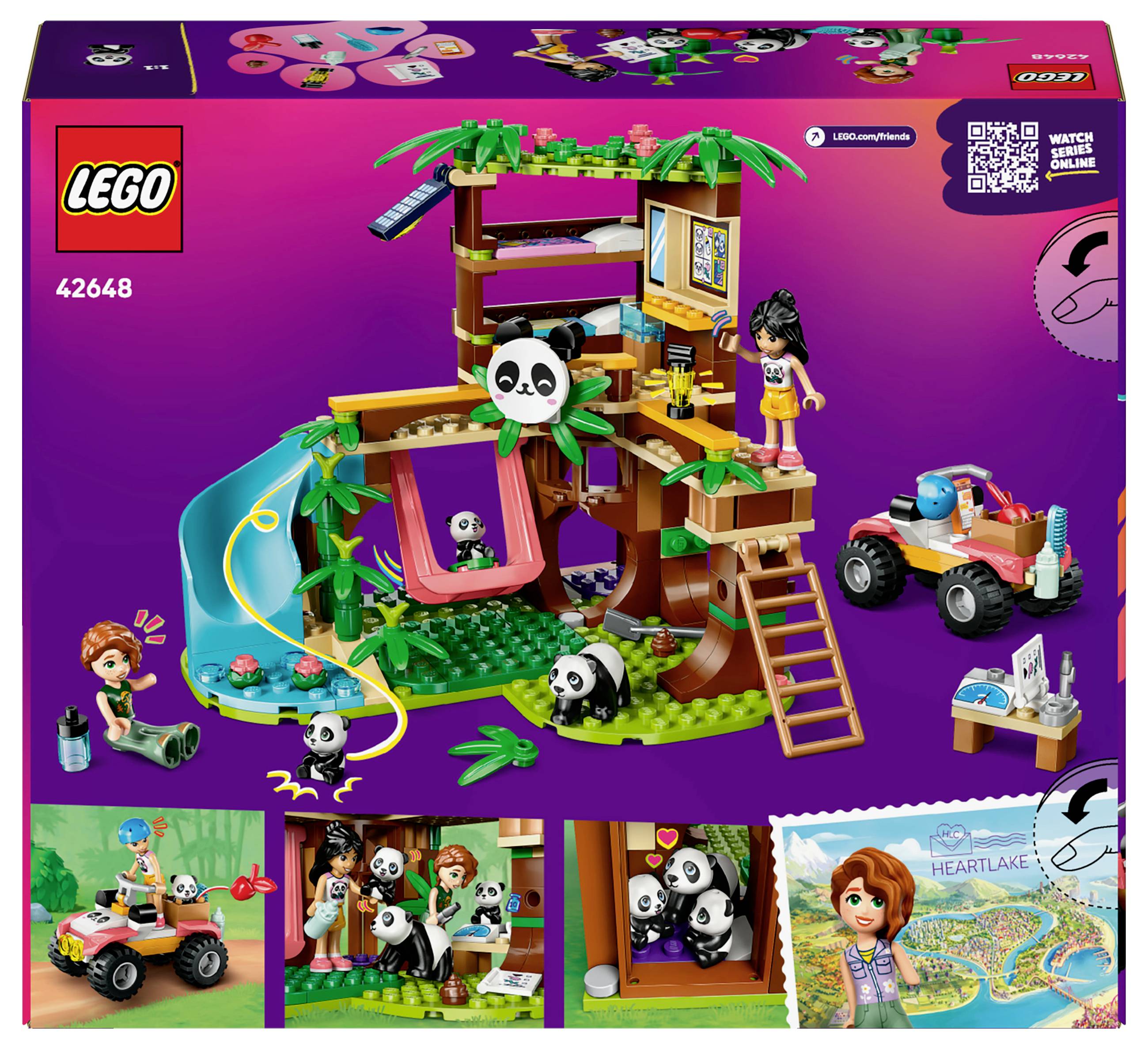 LEGO stavebnice 'Pandy v domku na stromě' s figurkami a pandími medvědy, houpačkou, skluzavkou, jeepem a detailní scénou prostředí.