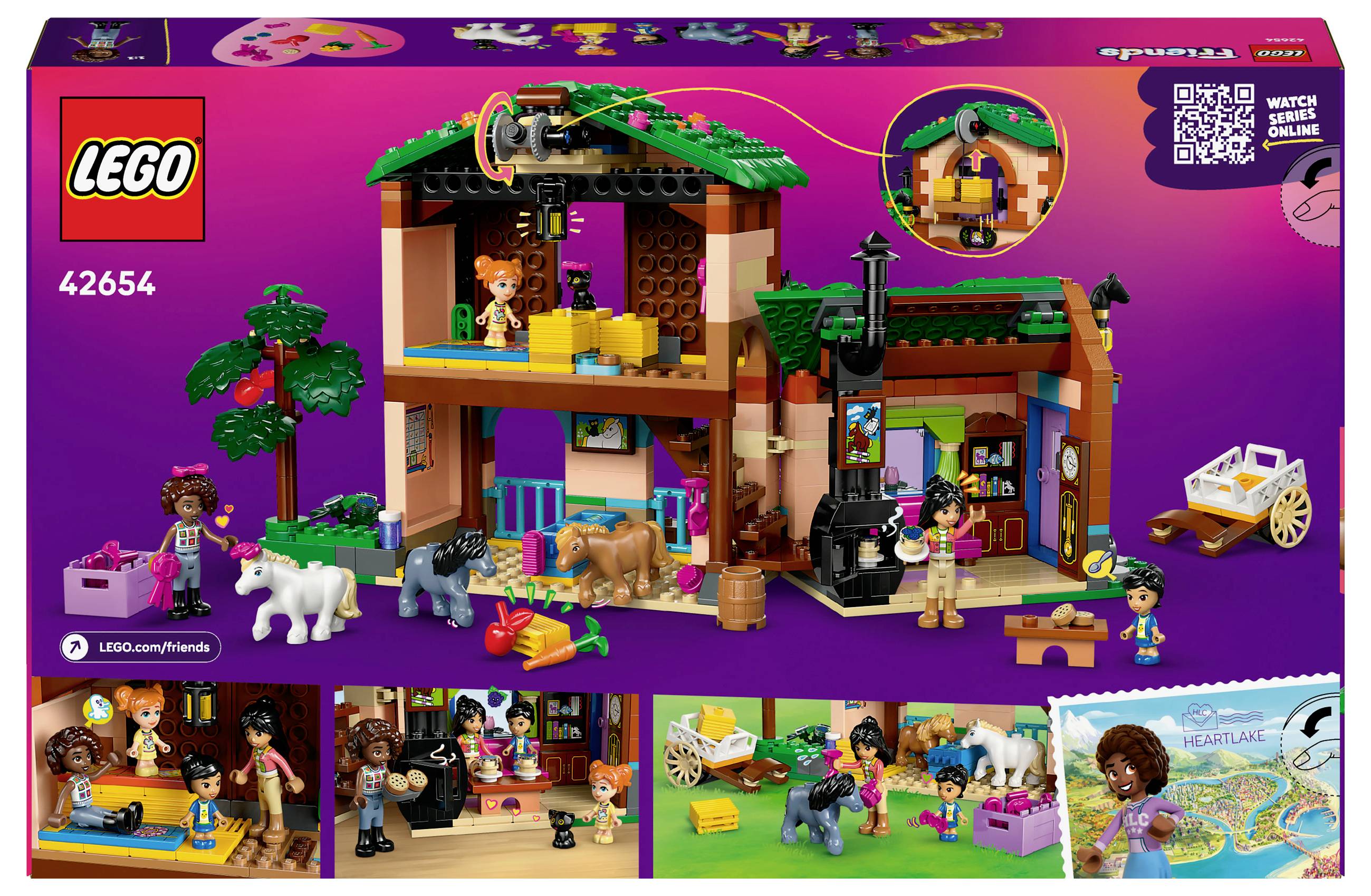 Lego stavebnice 42654: Obsahuje figurky, zvířátka a stodolu s vnitřním i venkovním prostorem. Podporuje kreativní hraní a stavění.