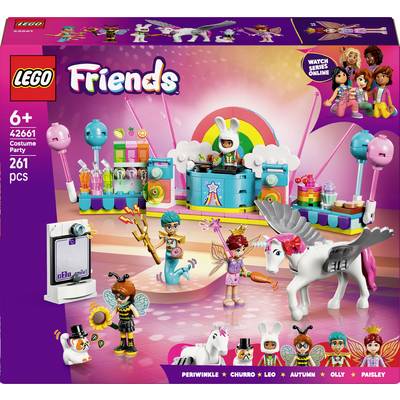 Lego Friends stavebnice 'Maškarní párty' pro děti od 6 let, obsahuje barevné figurky, příslušenství a 261 dílků, včetně figurky jednorožce.
