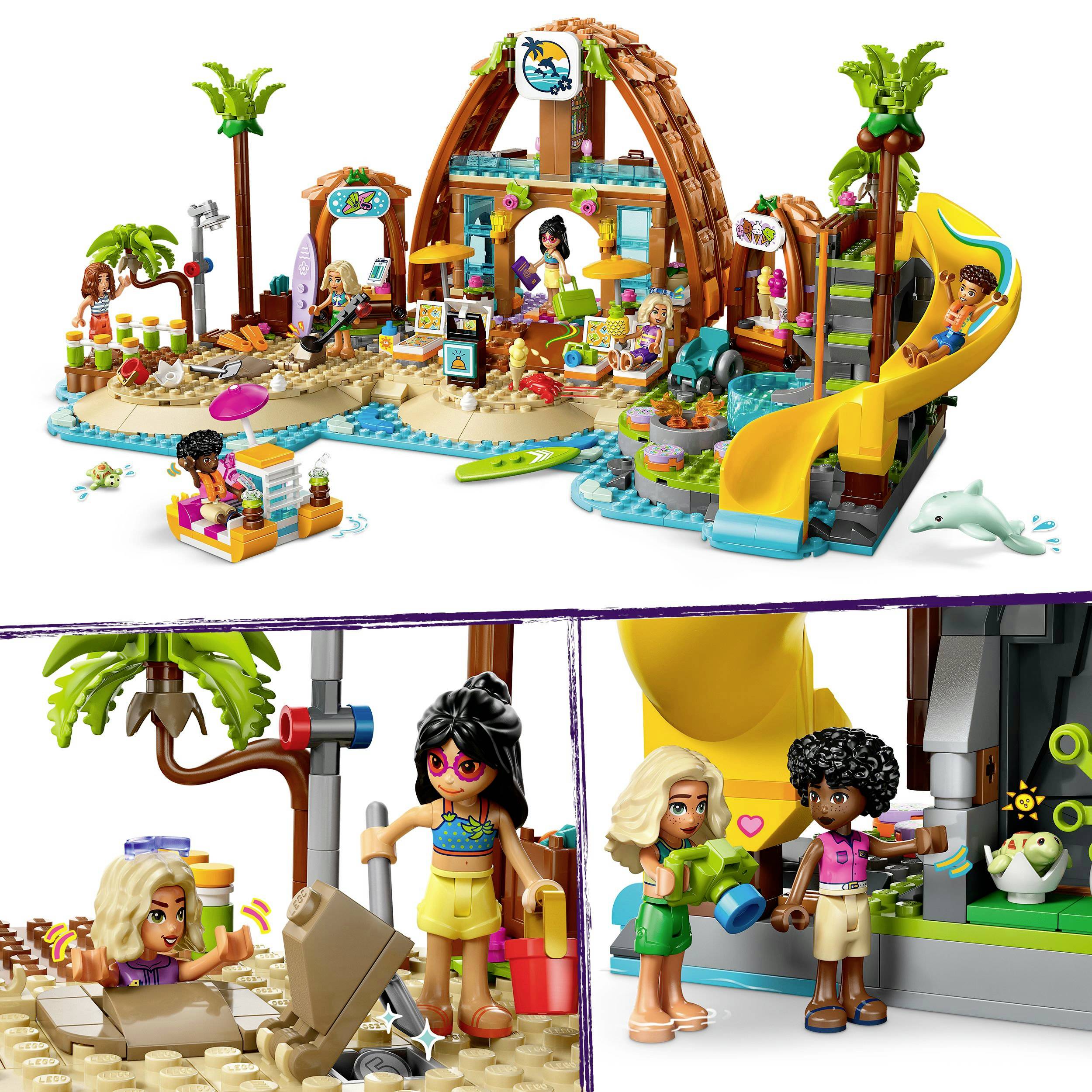 LEGO set plážové kavárny: Figurka na pláži, kavárna se surfařskou výzdobou, skluzavka, hrající si děti. Živé barvy, tropické téma.