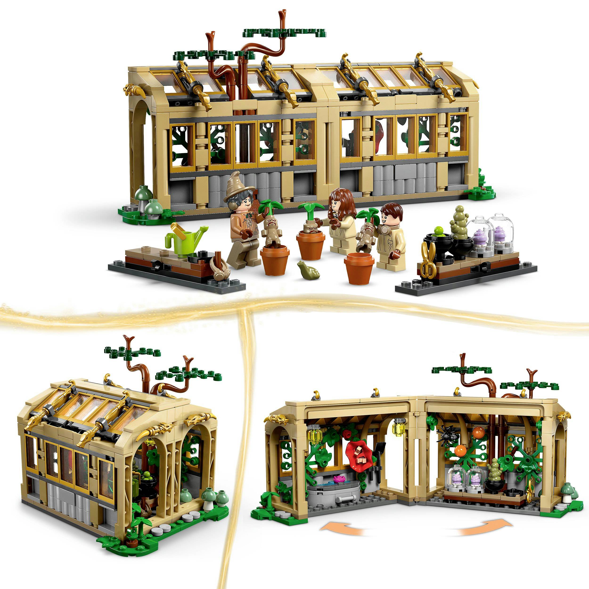LEGO stavebnice botanické skleníku. Obsahuje figurky, květináče a příslušenství pro rostliny. Prezentováno v několika pohledech.