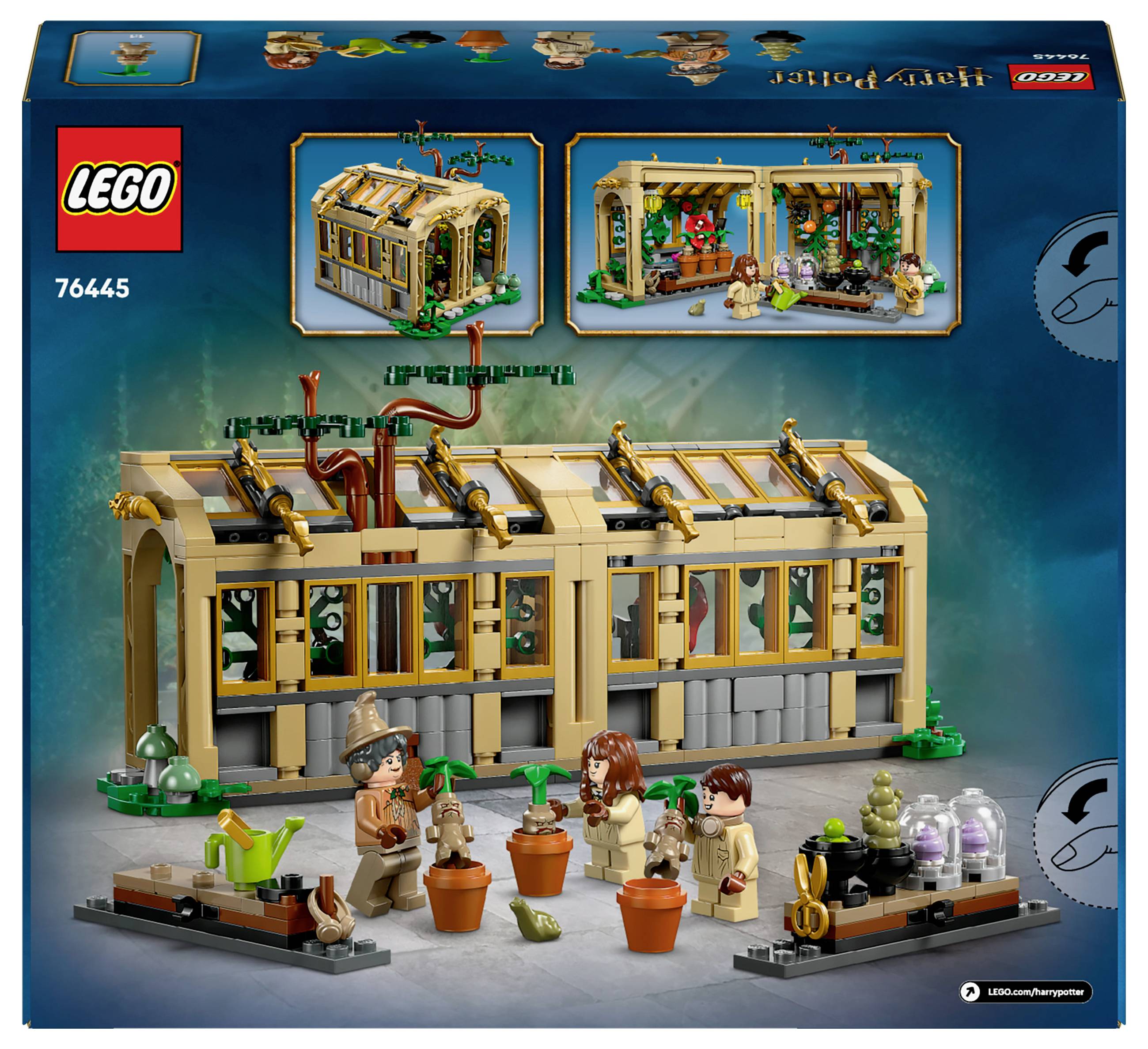 Lego stavebnice 'Učebna bylinkářství' ze série Harry Potter, zobrazuje figurky ve skleníku s rostlinami a zahradním nářadím.