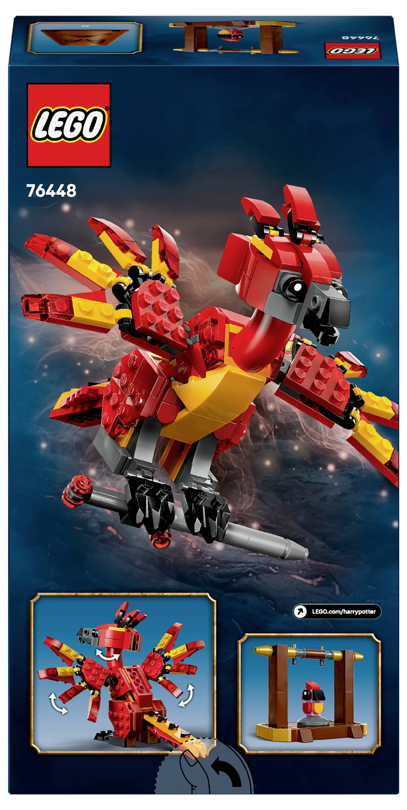 LEGO sada s červeným fénixem na obalu. Obsahuje dva hlavní pohledy na sestaveného ptáka a logo.