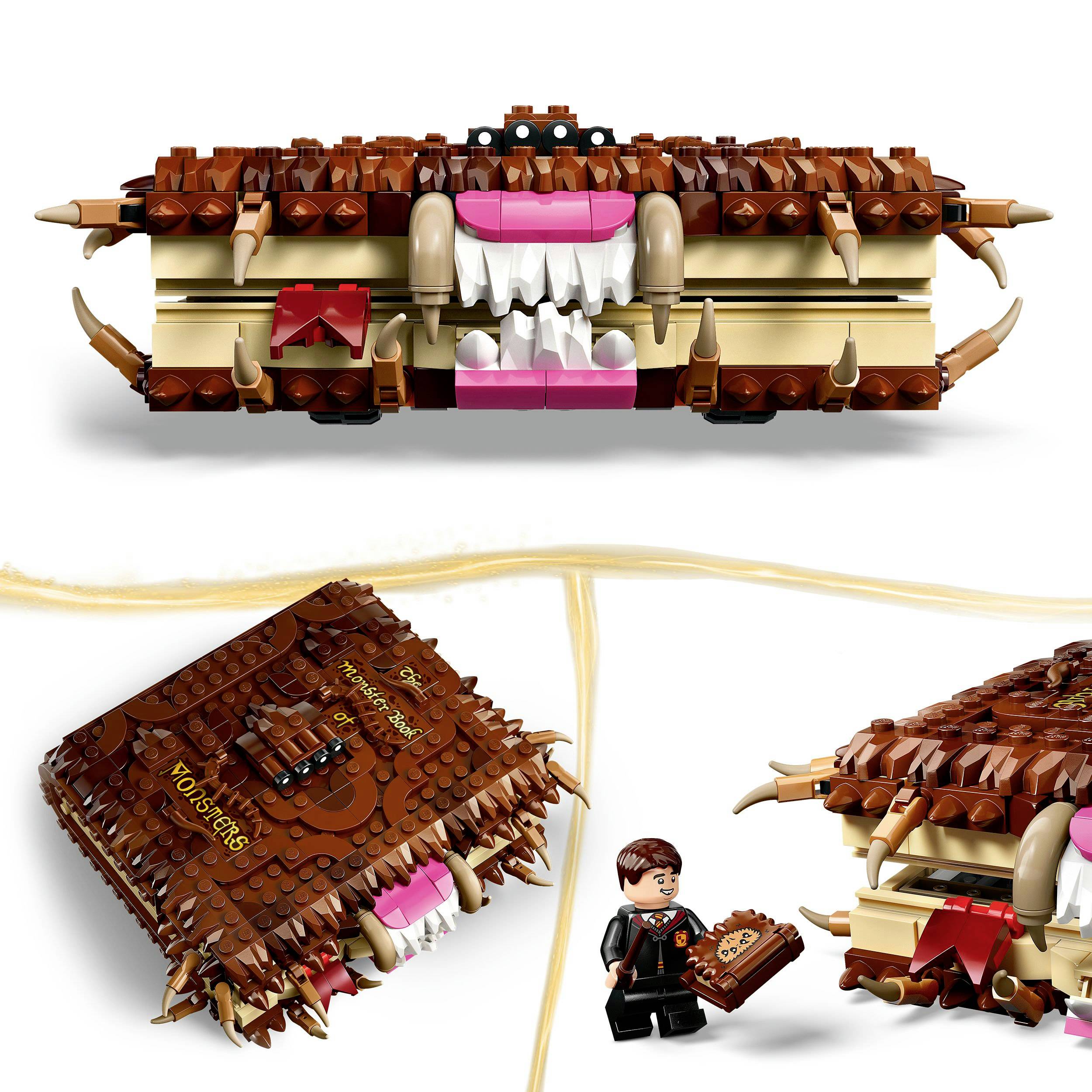 LEGO model obří knihy s zuby a očima, kombinovaný s malou minifigurkou, která drží knihu v ruce.