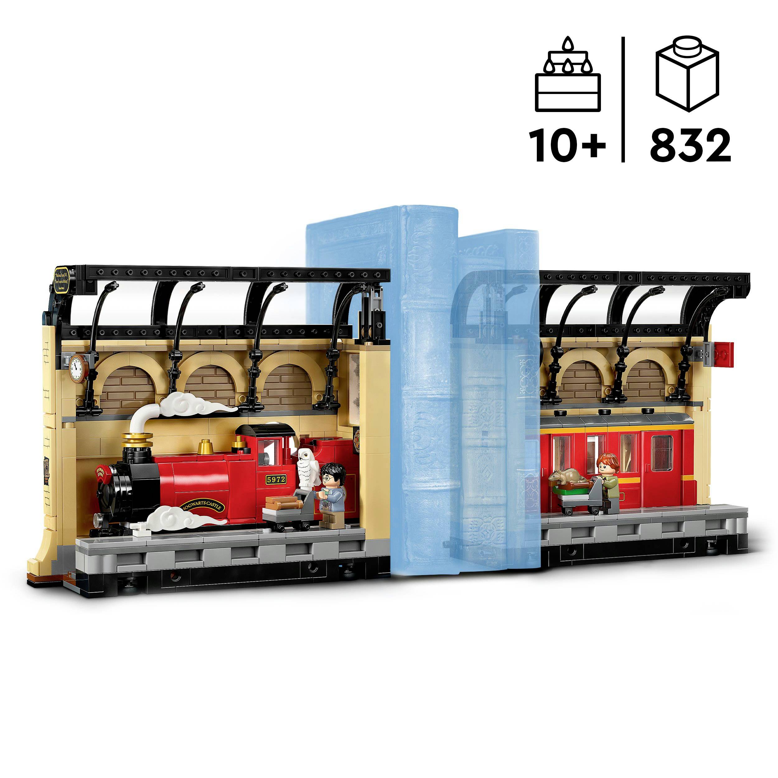 LEGO stavebnice Bradavického expresu s lokomotivou a vagónem na kolejích, včetně figurek. Doporučený věk: od 10 let. 832 dílků.