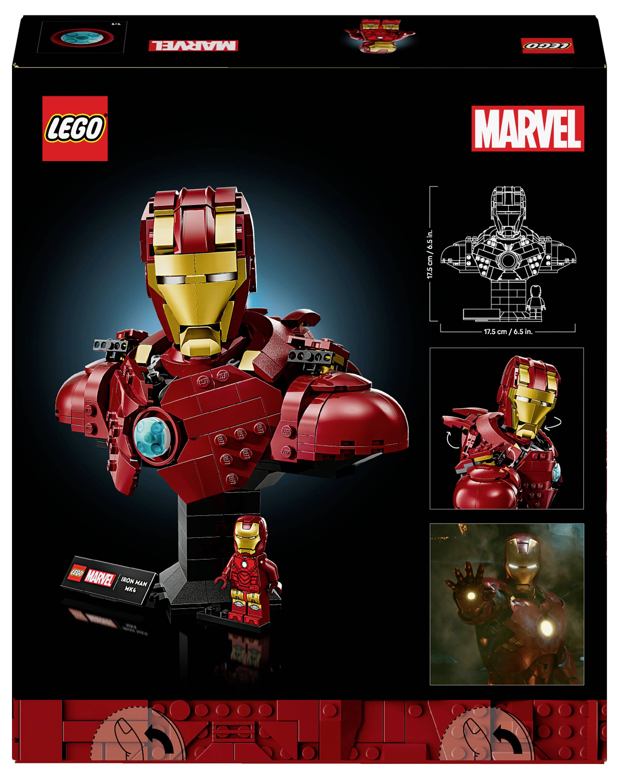 Lego krabice s bustou Marvel 'Iron Man'. Detailní výkresy a fotografie ukazují možnosti stavby. Zvýrazněn otočný podstavec a svítící Arc-Reaktor.