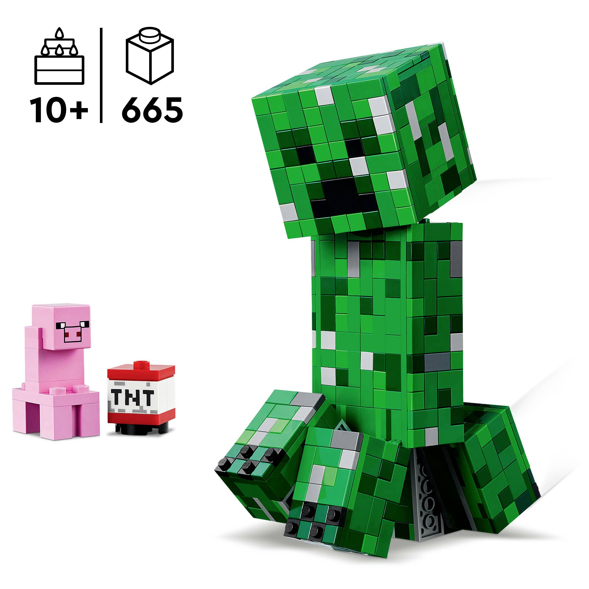 Lego sada pro zelené, hranaté monstrum, vhodná pro osoby od 10 let. Obsahuje 665 dílků, s růžovou figurkou a červenou TNT kostkou.