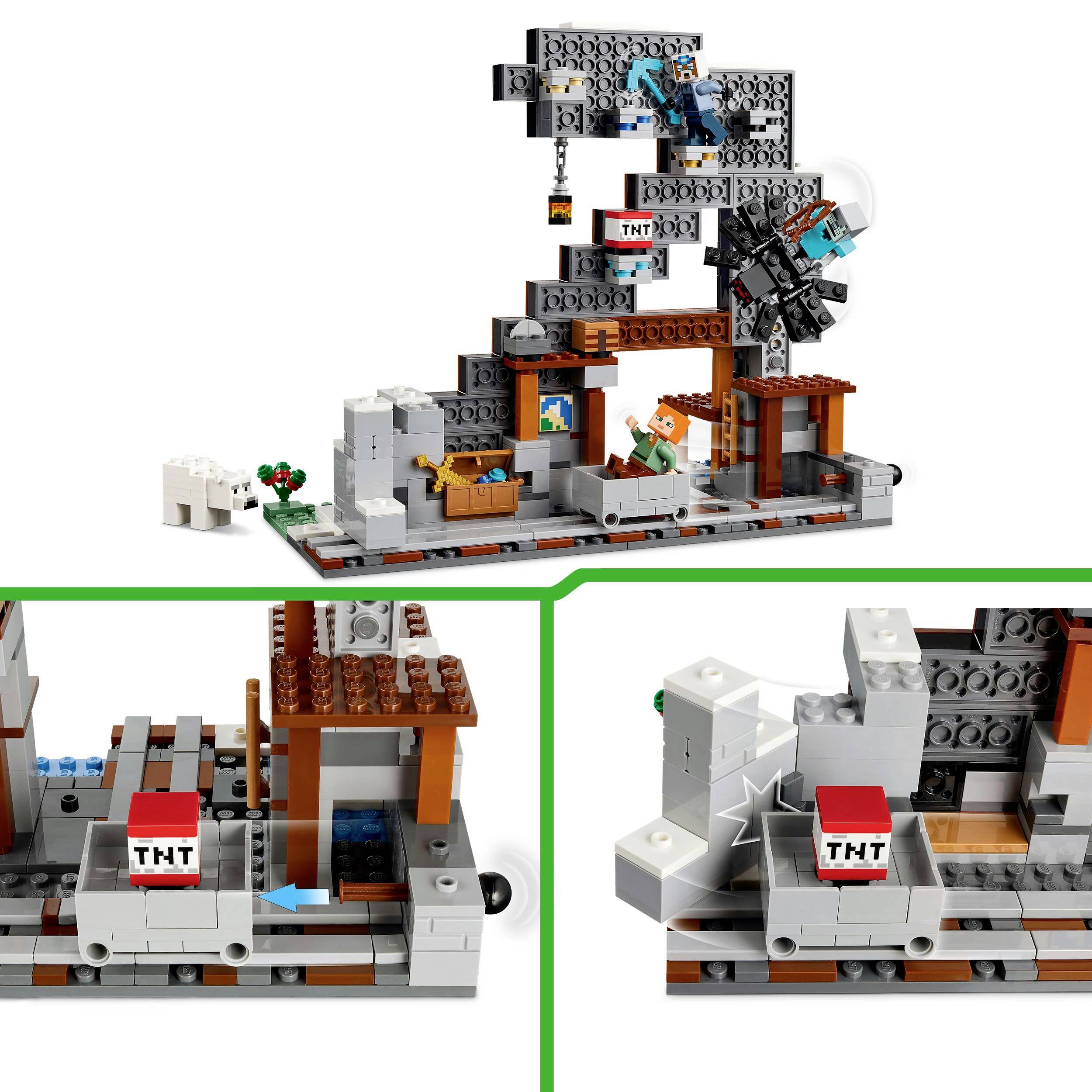 Lego sada zobrazuje Minecraft scénář s TNT bloky, herními figurkami a chatkou. Hlavní důraz je kladen na hravou interakci.