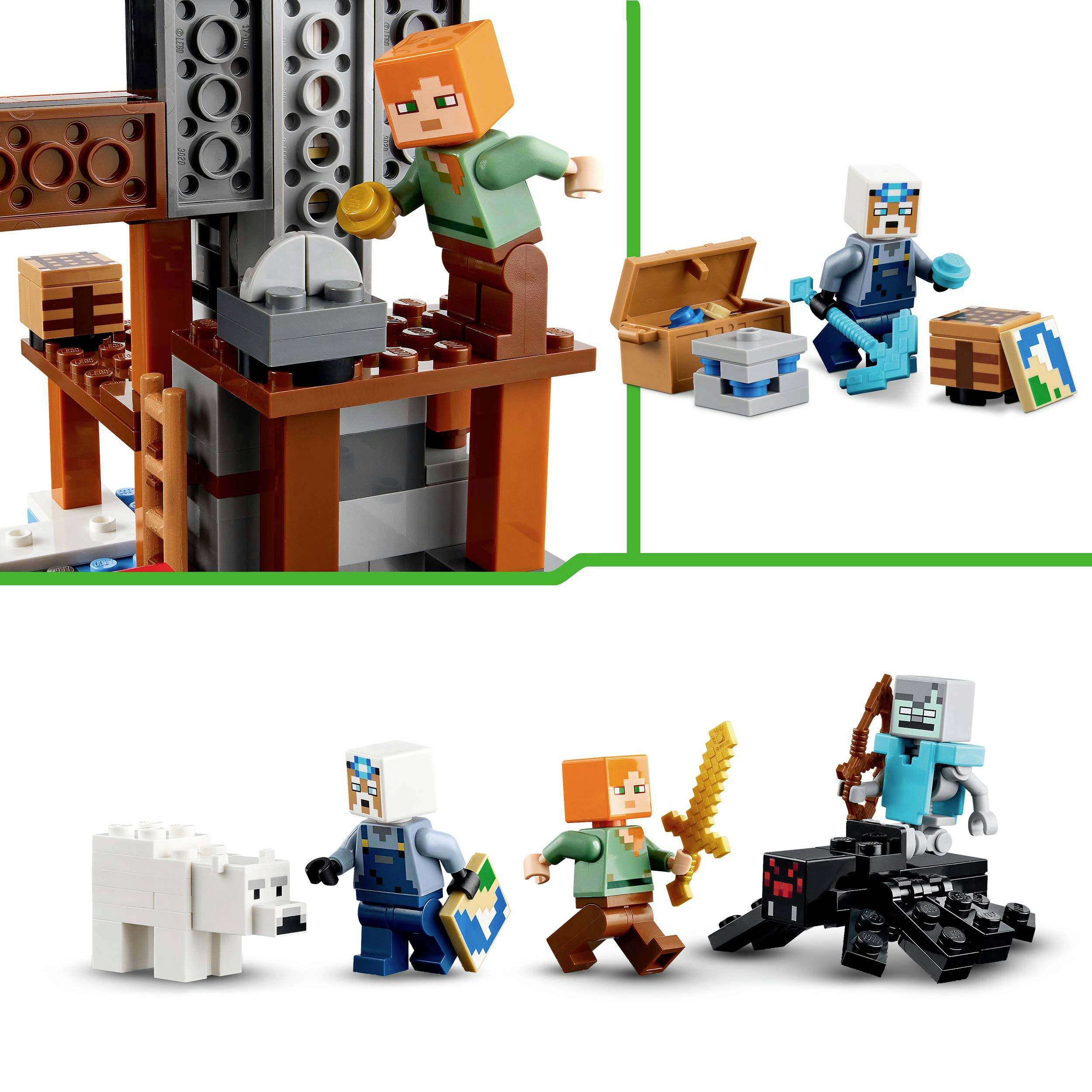 Dvě LEGO figurky v Minecraft scéně: Jedna lije zlato do pece, zatímco druhá otvírá truhlu. Dole jsou další figurky, včetně medvěda a kostlivce.