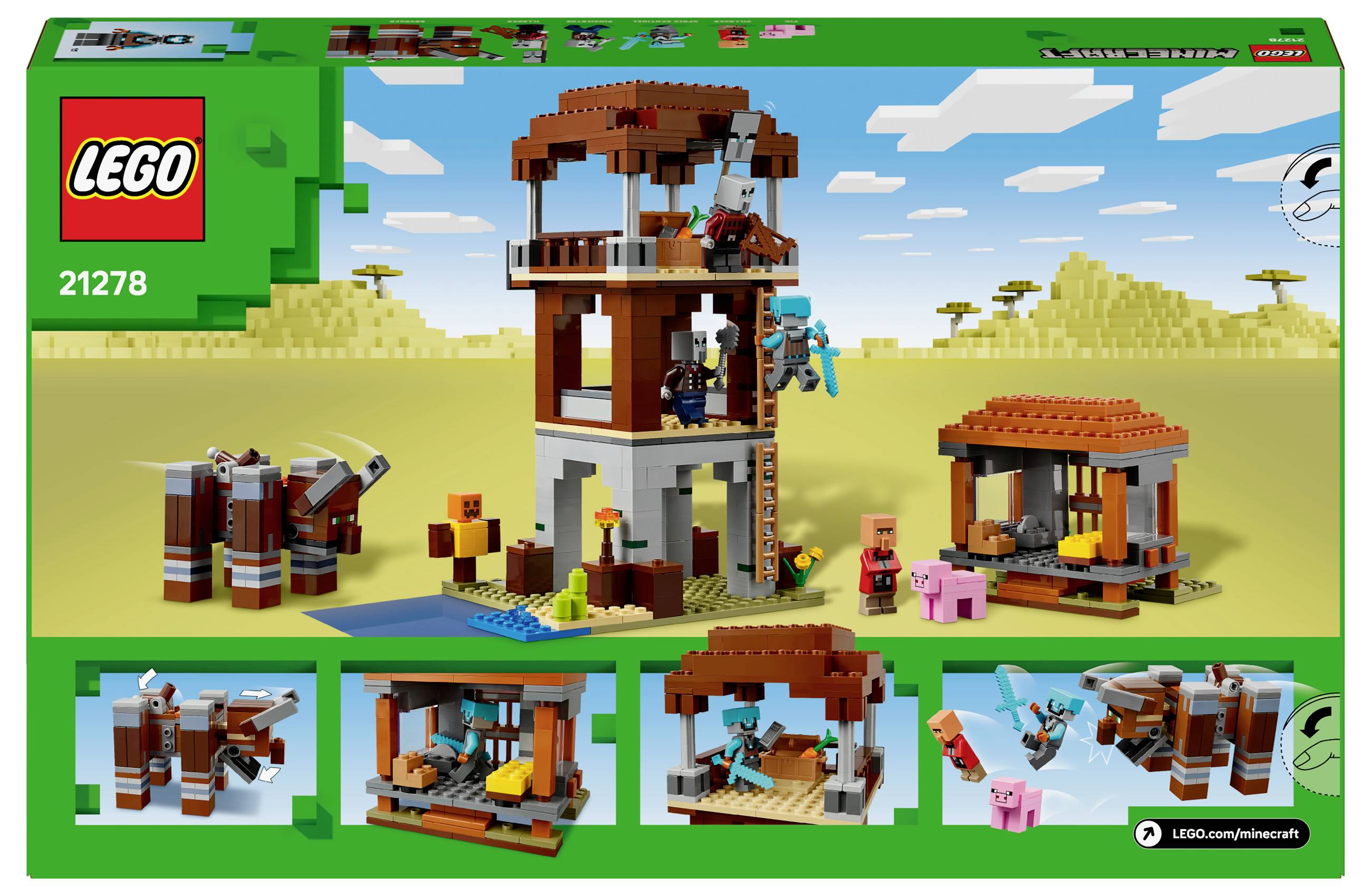 Minecraft-Lego-Set v pouštní krajině s věží, prasaty a postavami. Horní text: 'LEGO 21278'.