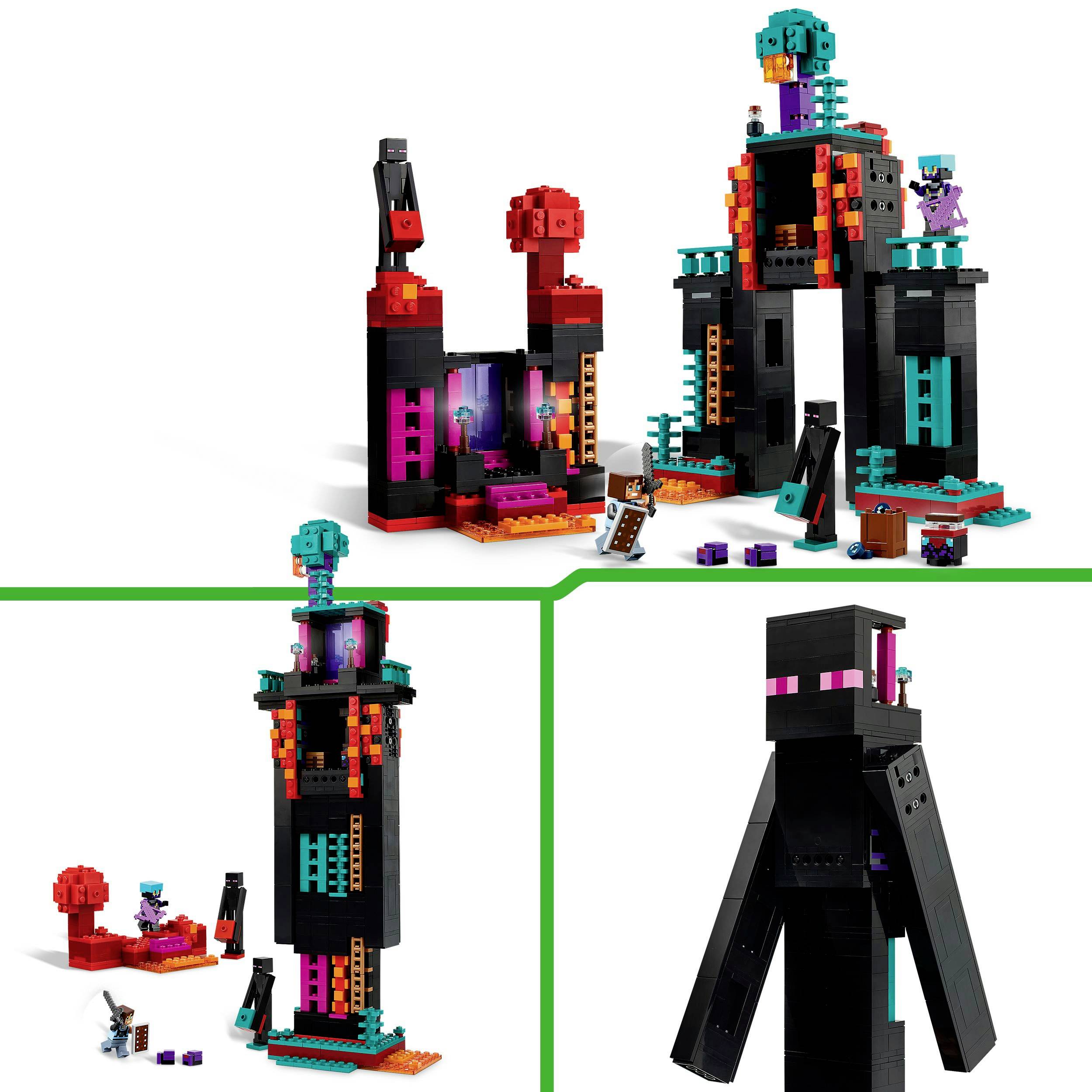 Barevná LEGO věž s figurkami a příslušenstvím. Různá patra ukazují postavy, které si hrají a staví ve svém fantazijním světě.