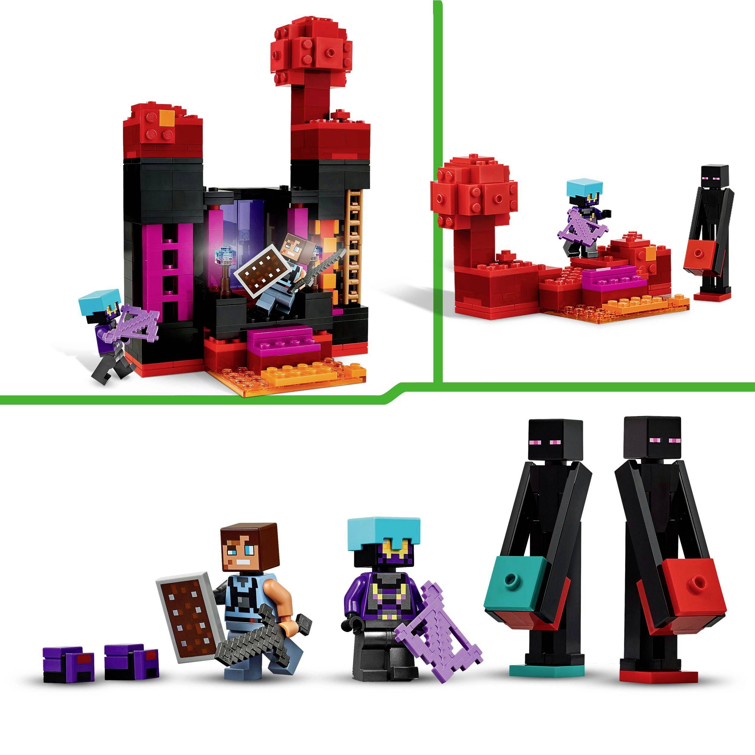 Barevné stavební kostky tvoří Minecraft scénu s postavami a houbami. Postavy drží zbraně, oblečené v modro-černých oblecích.