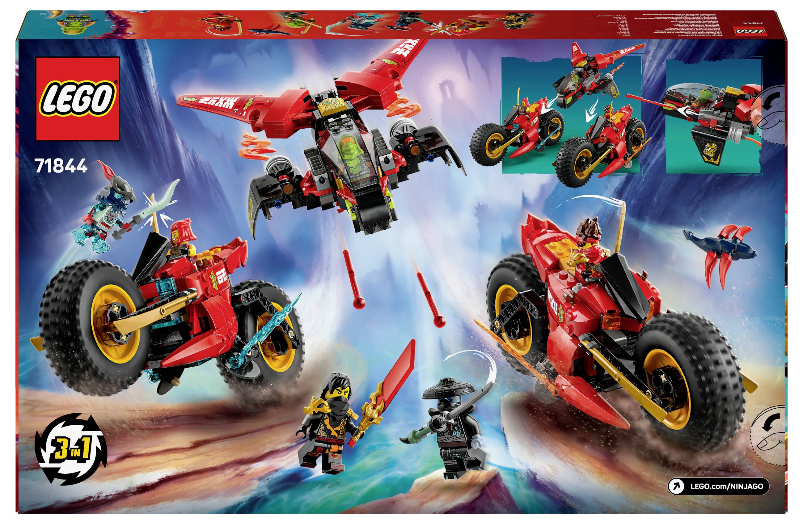 LEGO sada 71844: Stavebnice tři v jednom s ohnivým drakem, dvěma motocykly a minifigurkami. Akční dobrodružná scéna.