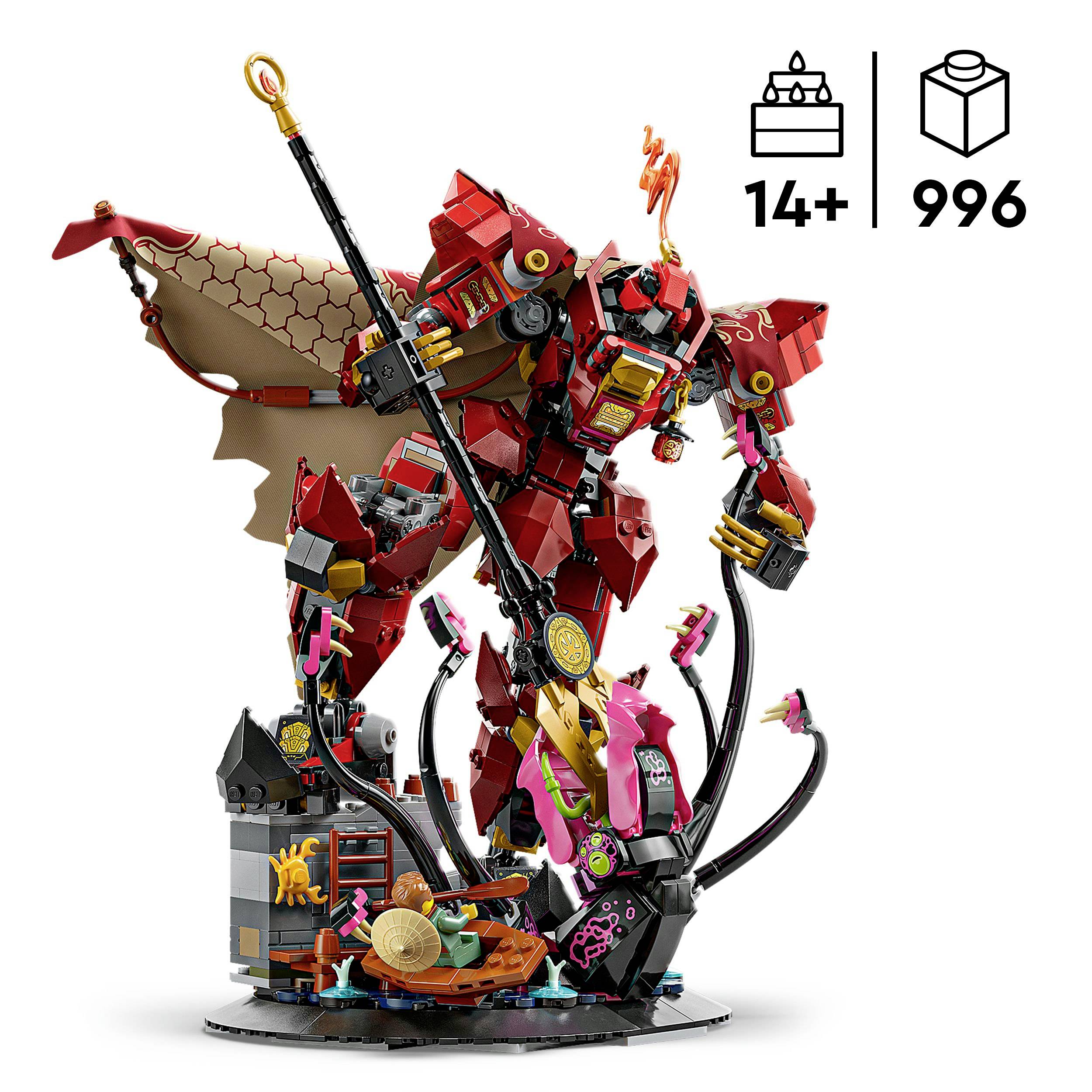 Červený robot z kostek LEGO s ohnivým vzorem, mečem a dračími křídly. Doporučený věk '14+' a '996' dílků.