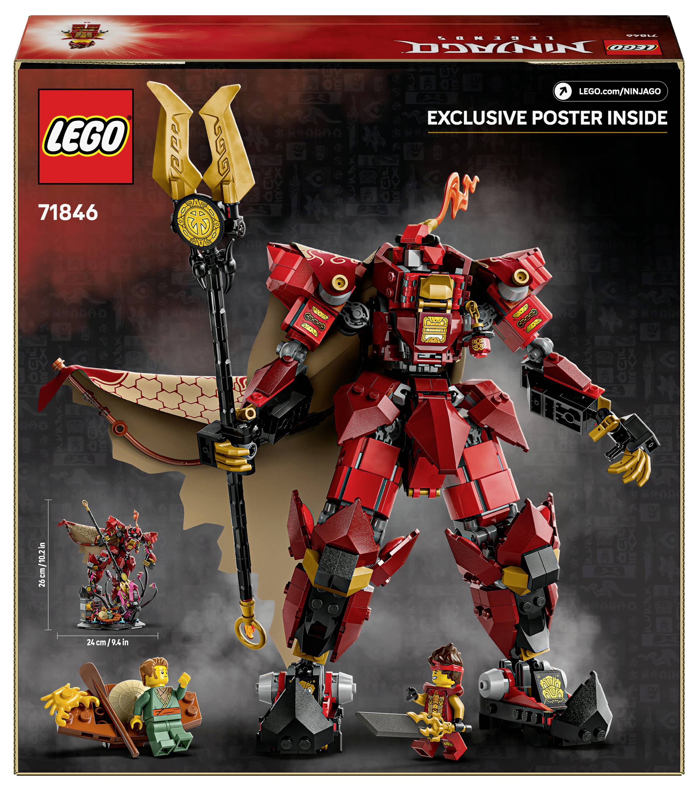 LEGO sada s dračím robotem a figurkami. Červený drak s křídly a holí. Včetně exkluzivního plakátu a stavebních úřadů.