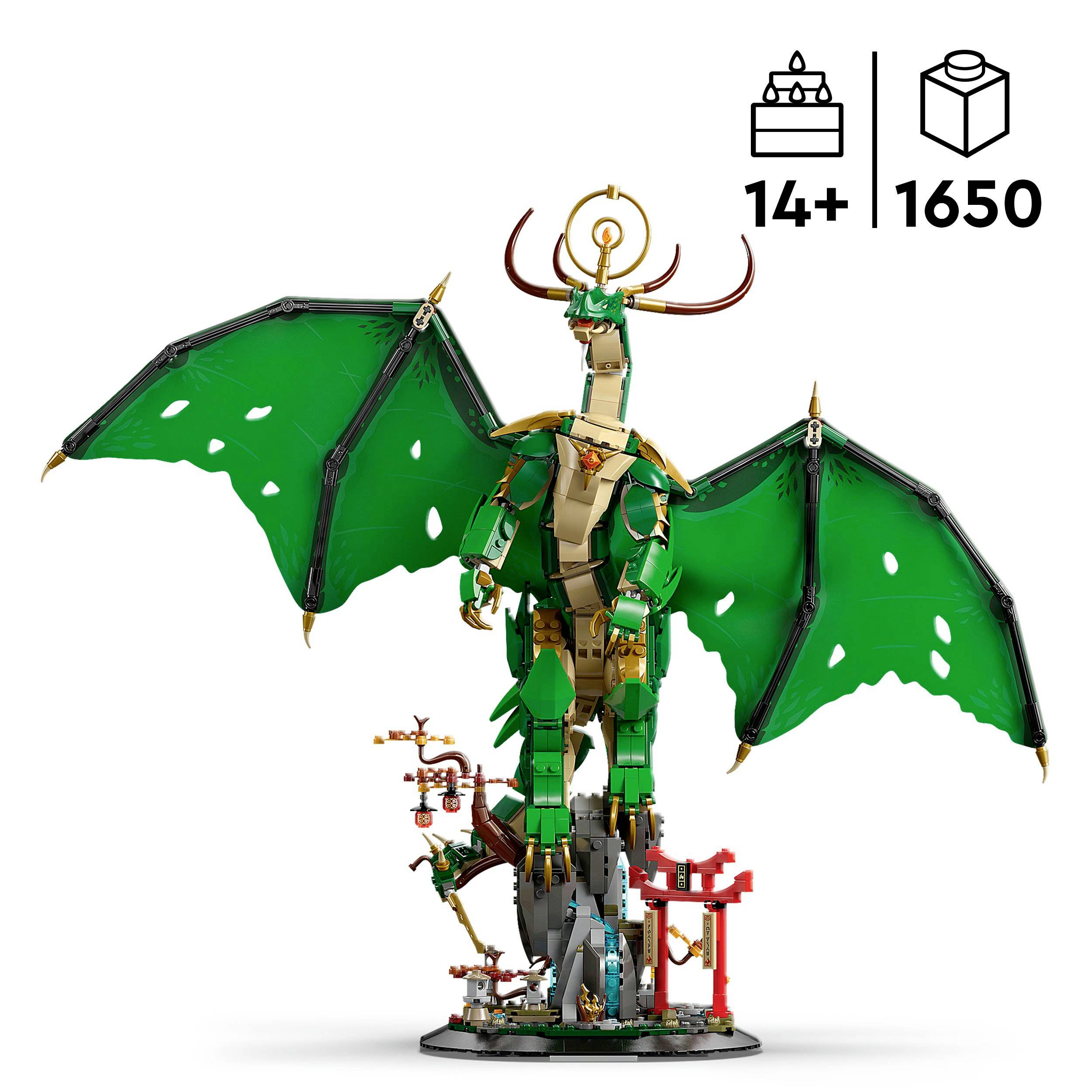 Zelený LEGO drak stojí na základně s detaily, doporučeno od 14 let, 1650 dílků.