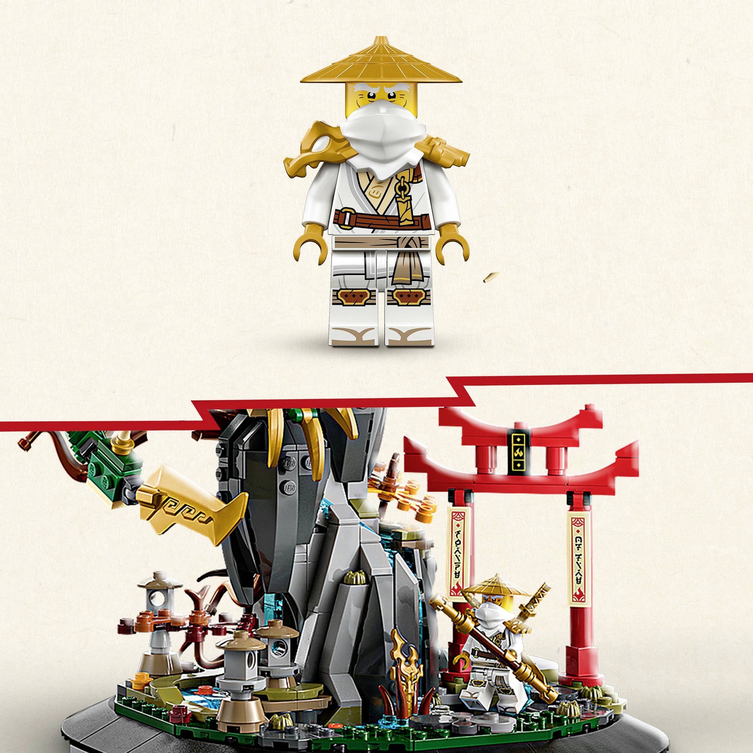 Lego stavebnice s asijskou tématikou. Nahoře figurka s kloboukem a vousy. Dole scéna s chrámem, skalami a figurkami.